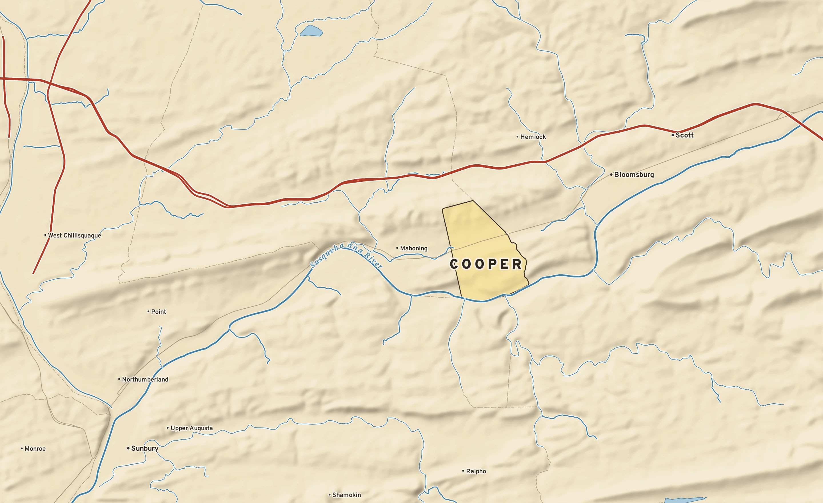 Shaded-relief atlas plate of Cooper, Pennsylvania: rivers, roads, the city limits and where the water drains.