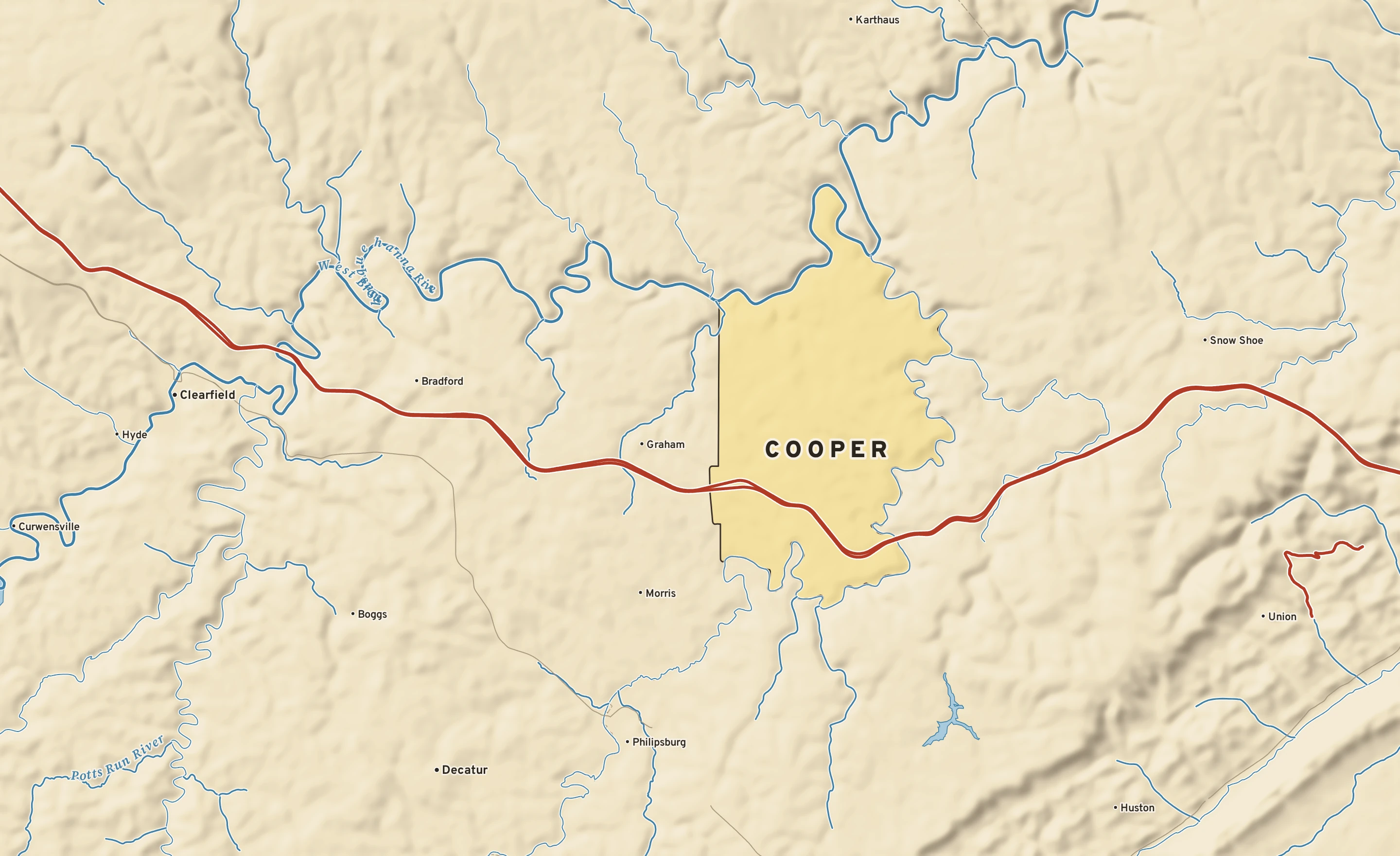 Shaded-relief atlas plate of Cooper, Pennsylvania: rivers, roads, the city limits and where the water drains.