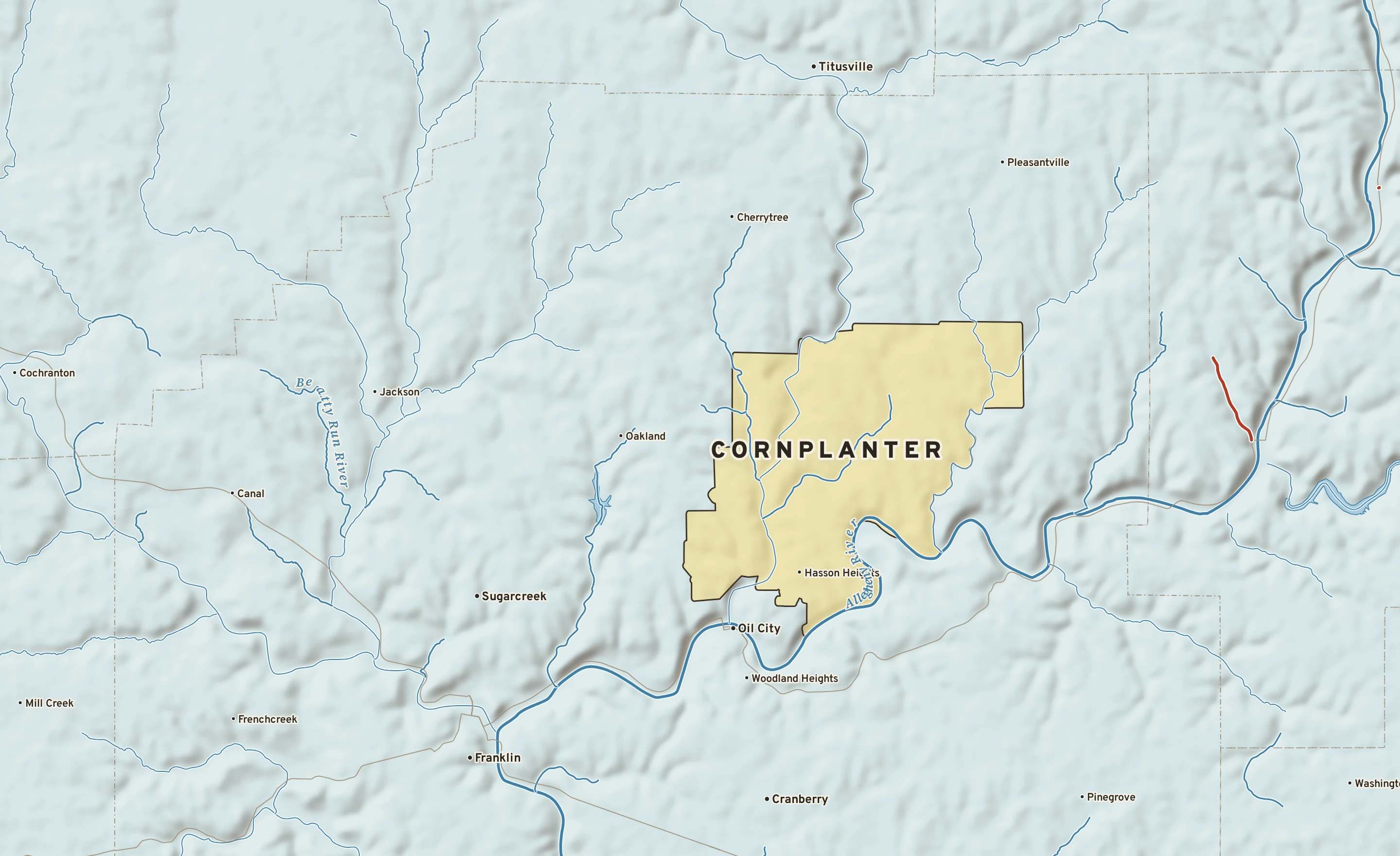 Shaded-relief atlas plate of Cornplanter, Pennsylvania: rivers, roads, the city limits and where the water drains.