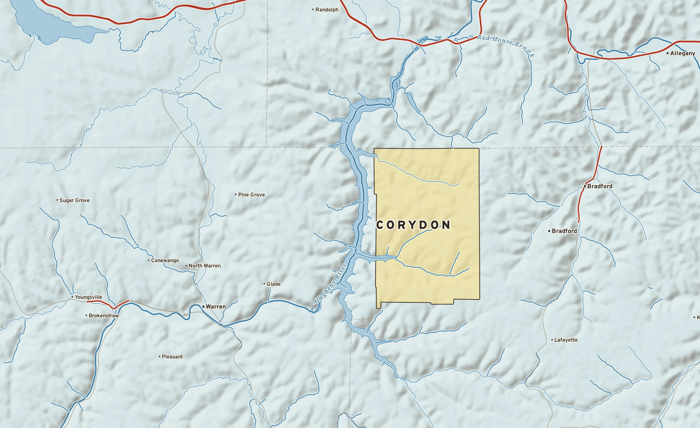 Shaded-relief atlas plate of Corydon, Pennsylvania: rivers, roads, the city limits and where the water drains.