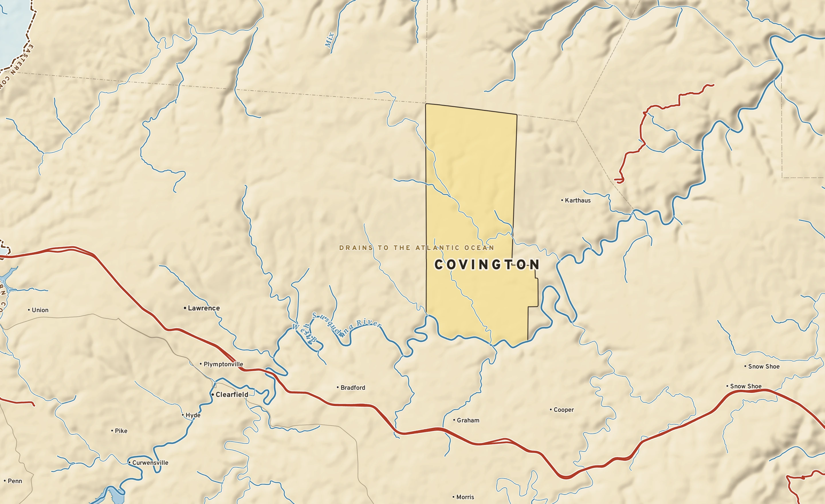 Shaded-relief atlas plate of Covington, Pennsylvania: rivers, roads, the city limits and where the water drains.