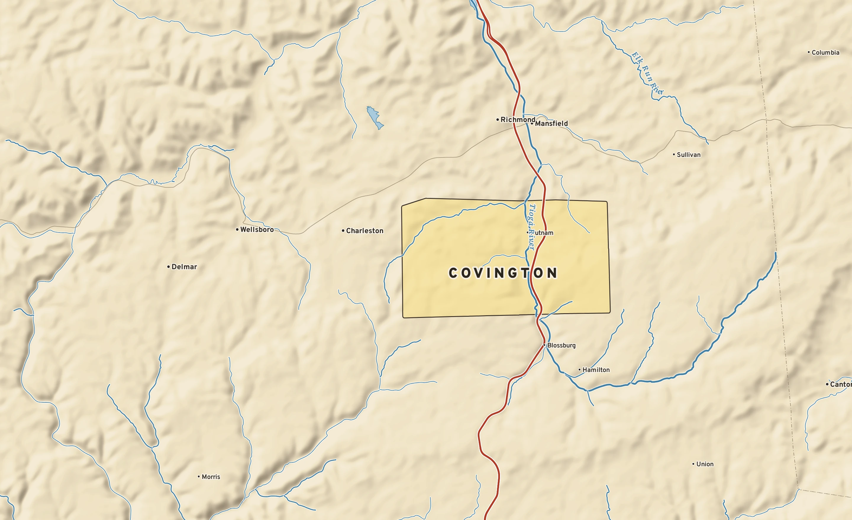 Shaded-relief atlas plate of Covington, Pennsylvania: rivers, roads, the city limits and where the water drains.