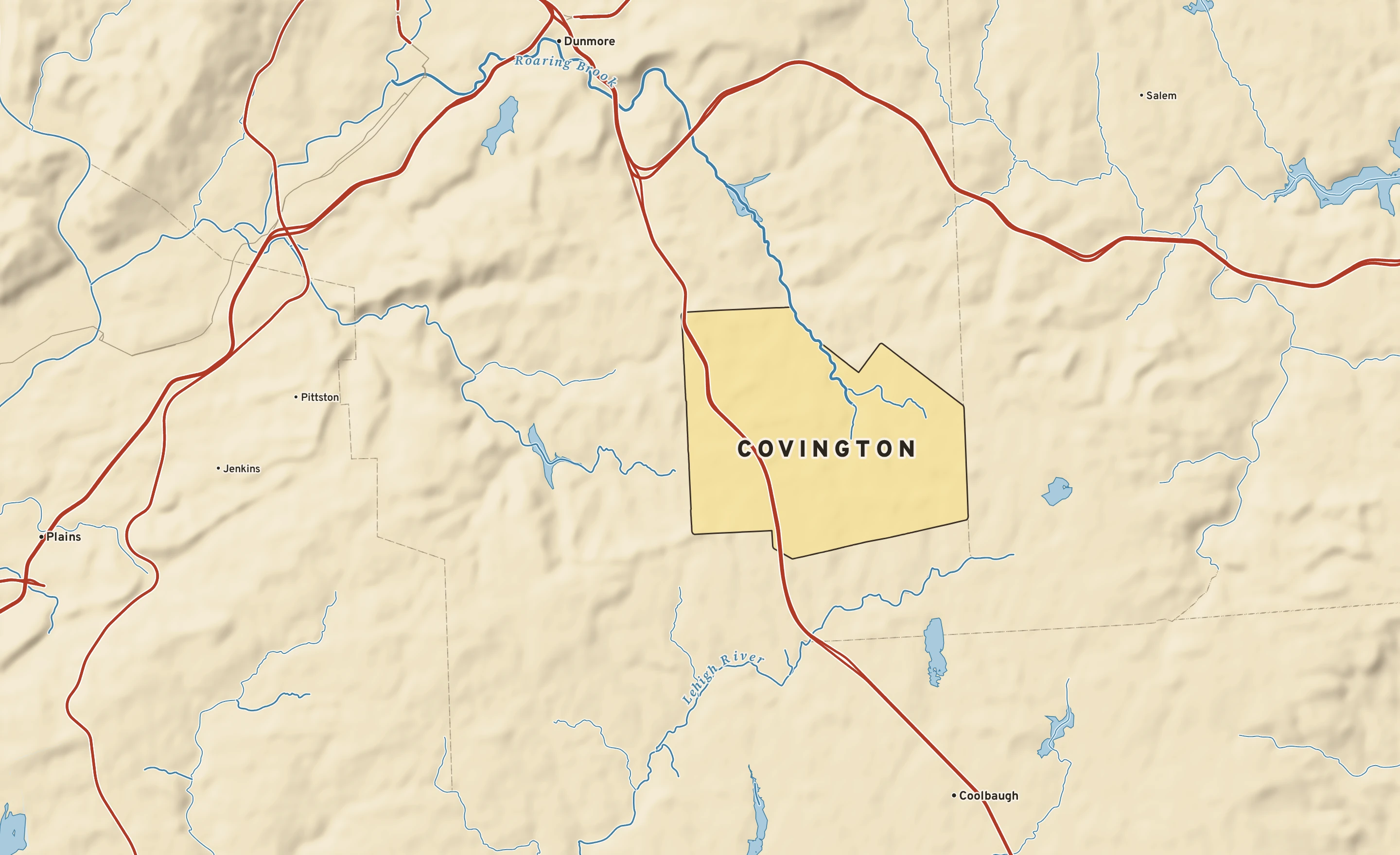 Shaded-relief atlas plate of Covington, Pennsylvania: rivers, roads, the city limits and where the water drains.