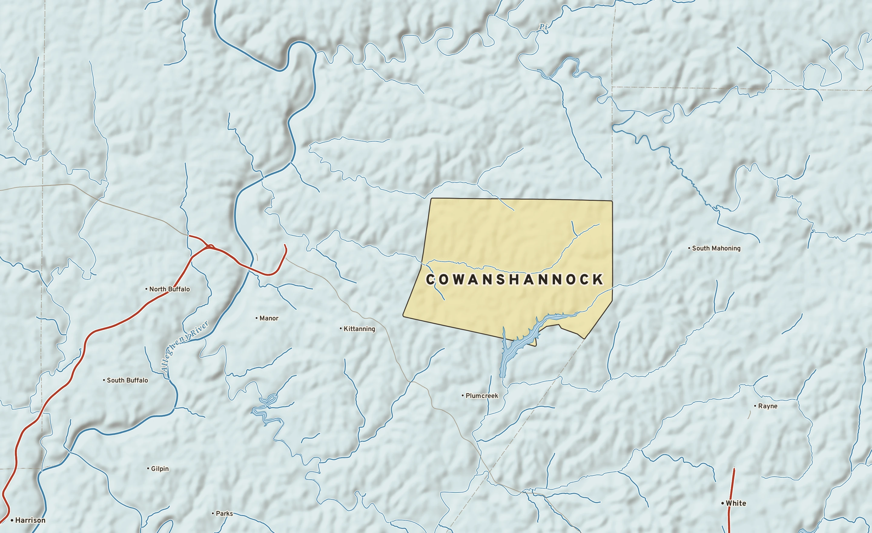 Shaded-relief atlas plate of Cowanshannock, Pennsylvania: rivers, roads, the city limits and where the water drains.