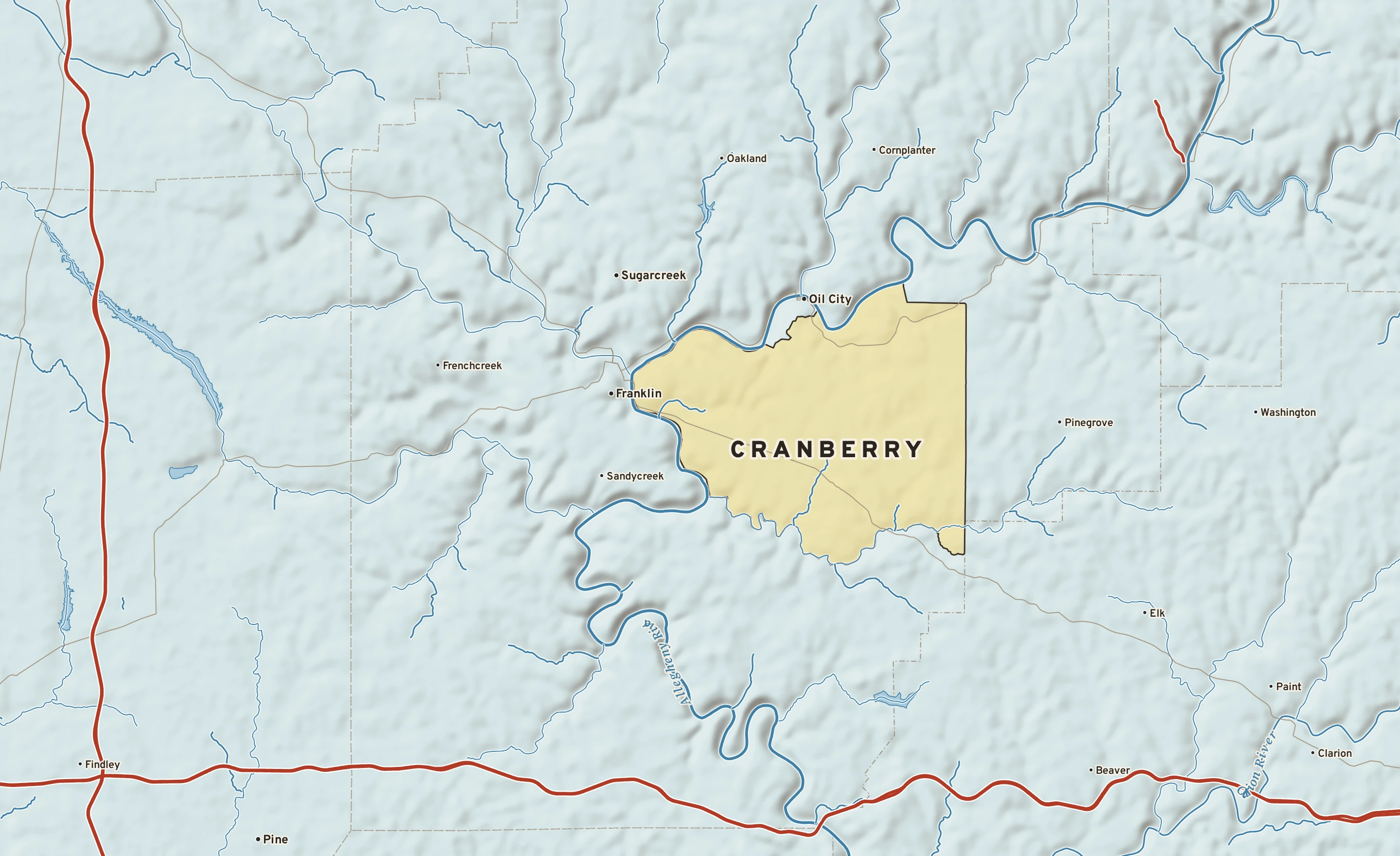 Shaded-relief atlas plate of Cranberry, Pennsylvania: rivers, roads, the city limits and where the water drains.