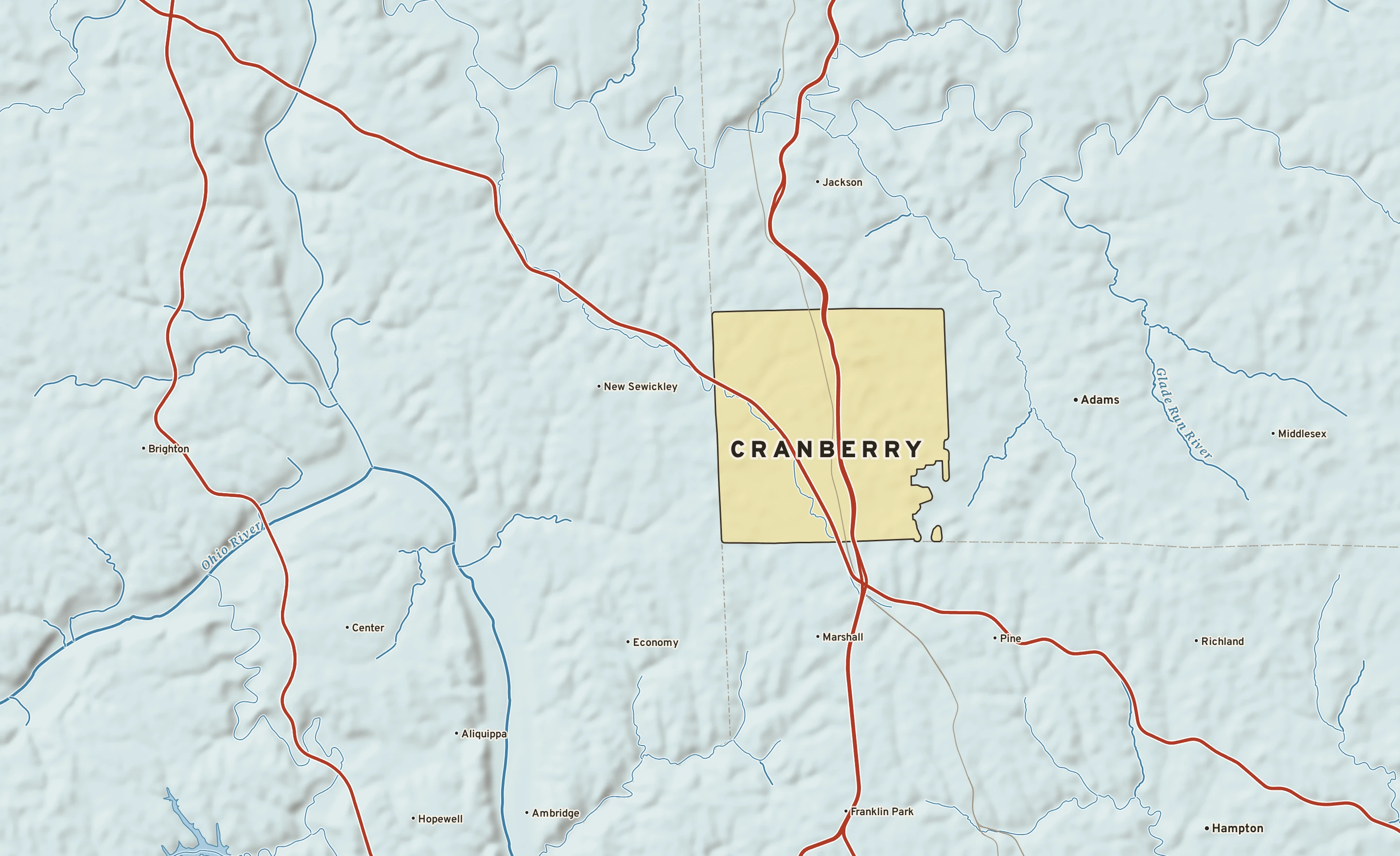 Shaded-relief atlas plate of Cranberry, Pennsylvania: rivers, roads, the city limits and where the water drains.