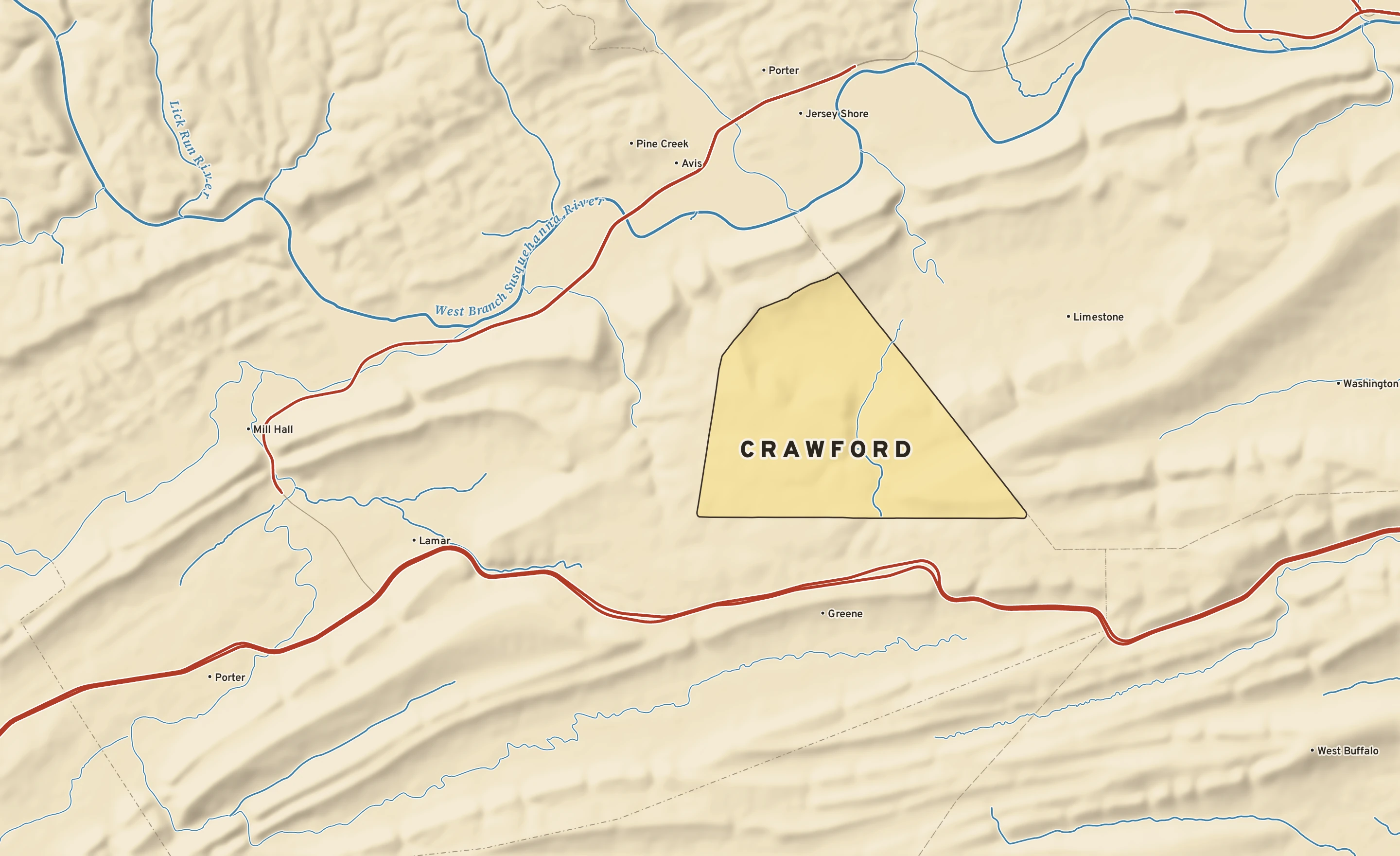 Shaded-relief atlas plate of Crawford, Pennsylvania: rivers, roads, the city limits and where the water drains.