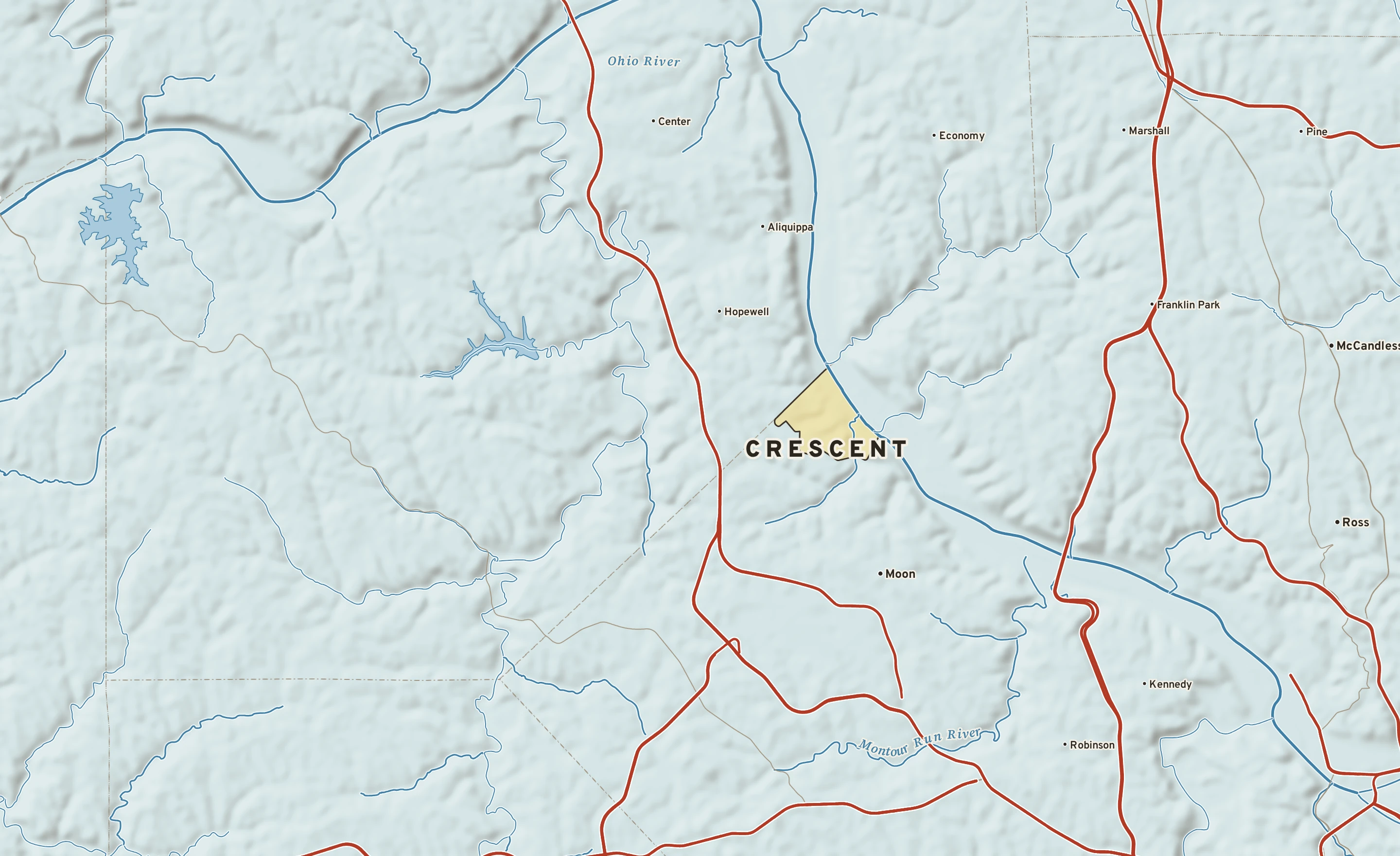 Shaded-relief atlas plate of Crescent, Pennsylvania: rivers, roads, the city limits and where the water drains.