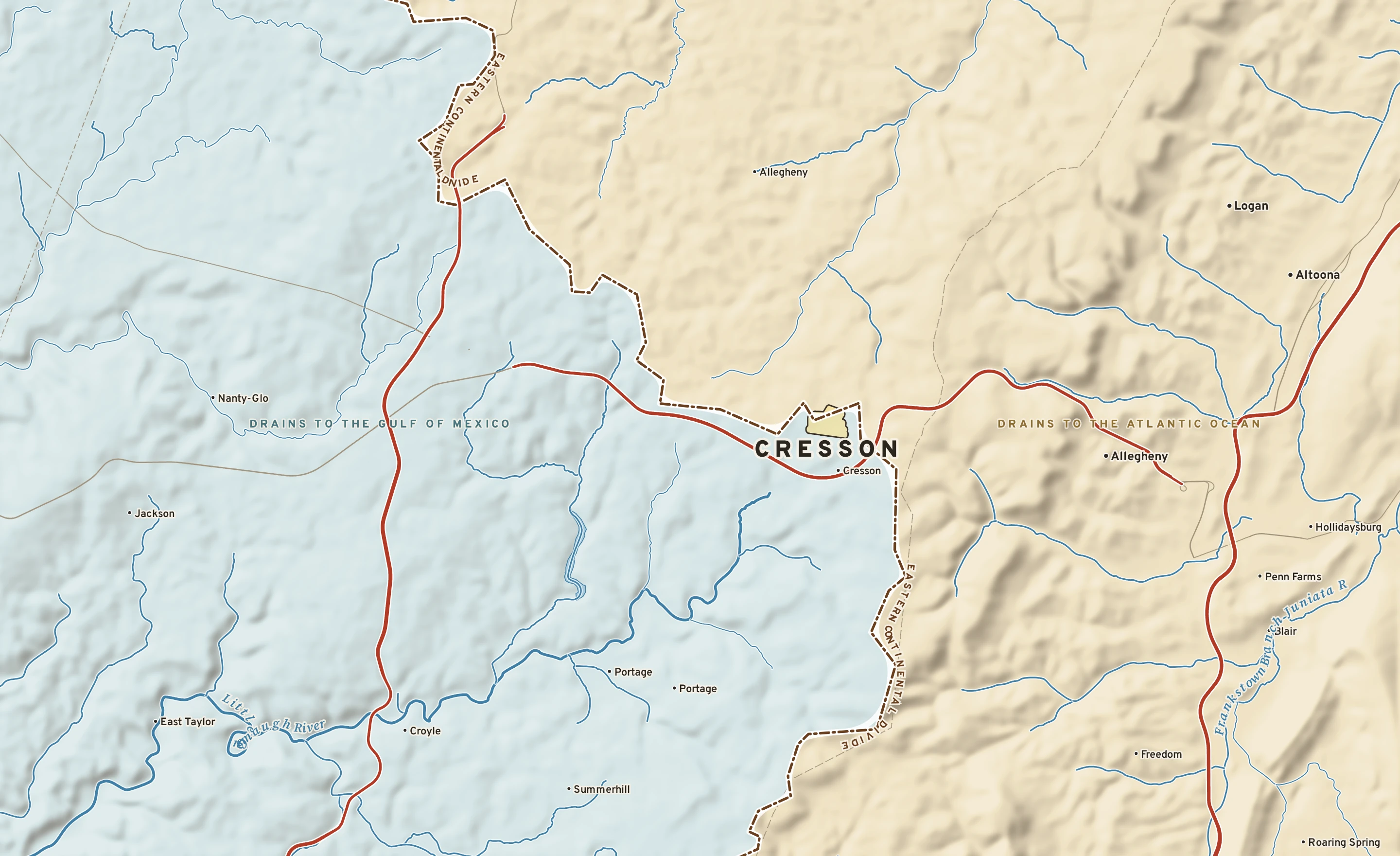 Shaded-relief atlas plate of Cresson, Pennsylvania: rivers, roads, the city limits and where the water drains.