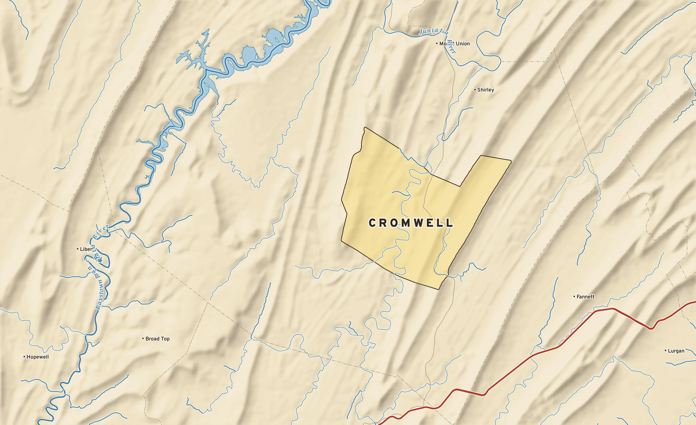 Shaded-relief atlas plate of Cromwell, Pennsylvania: rivers, roads, the city limits and where the water drains.