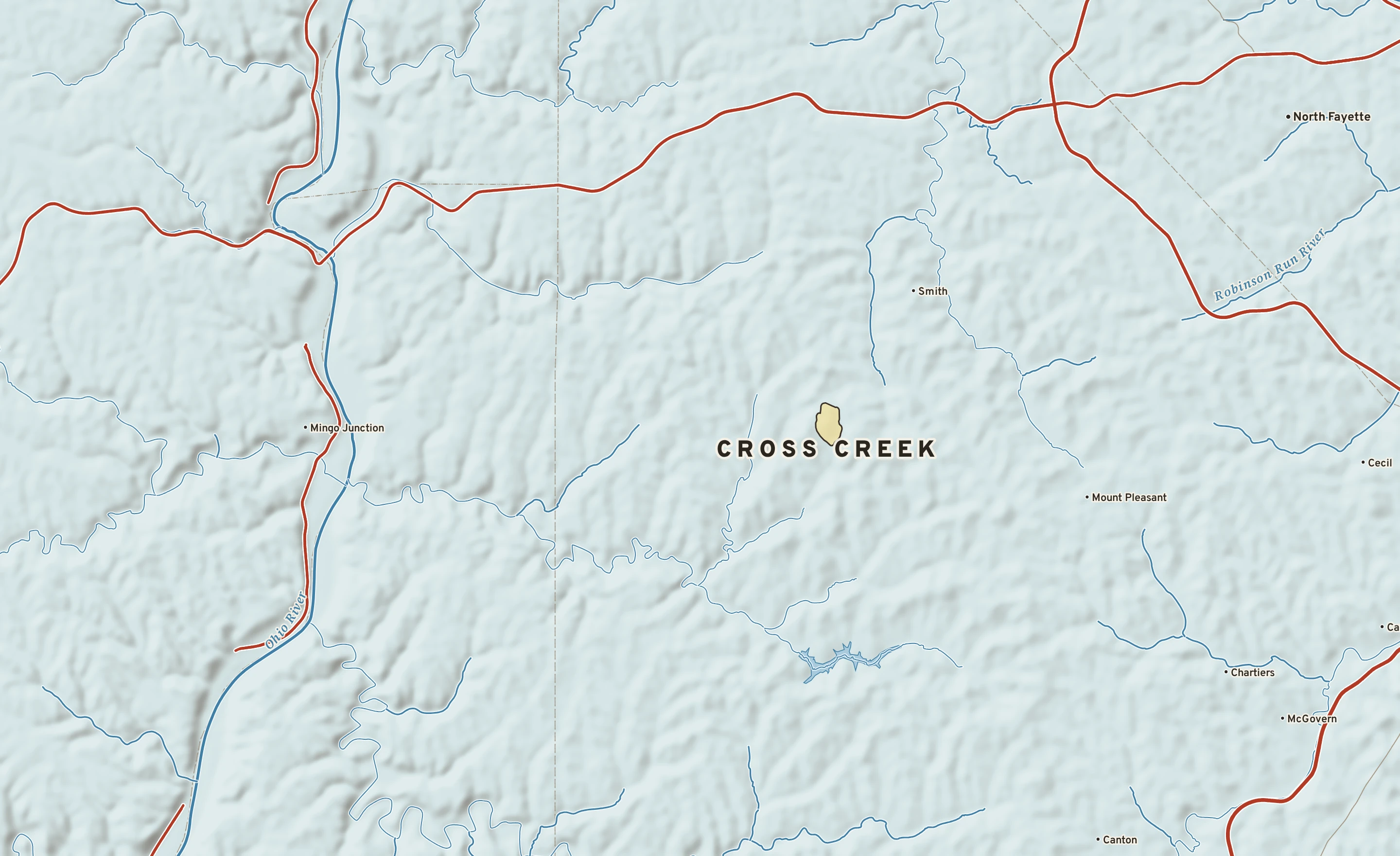 Shaded-relief atlas plate of Cross Creek, Pennsylvania: rivers, roads, the city limits and where the water drains.