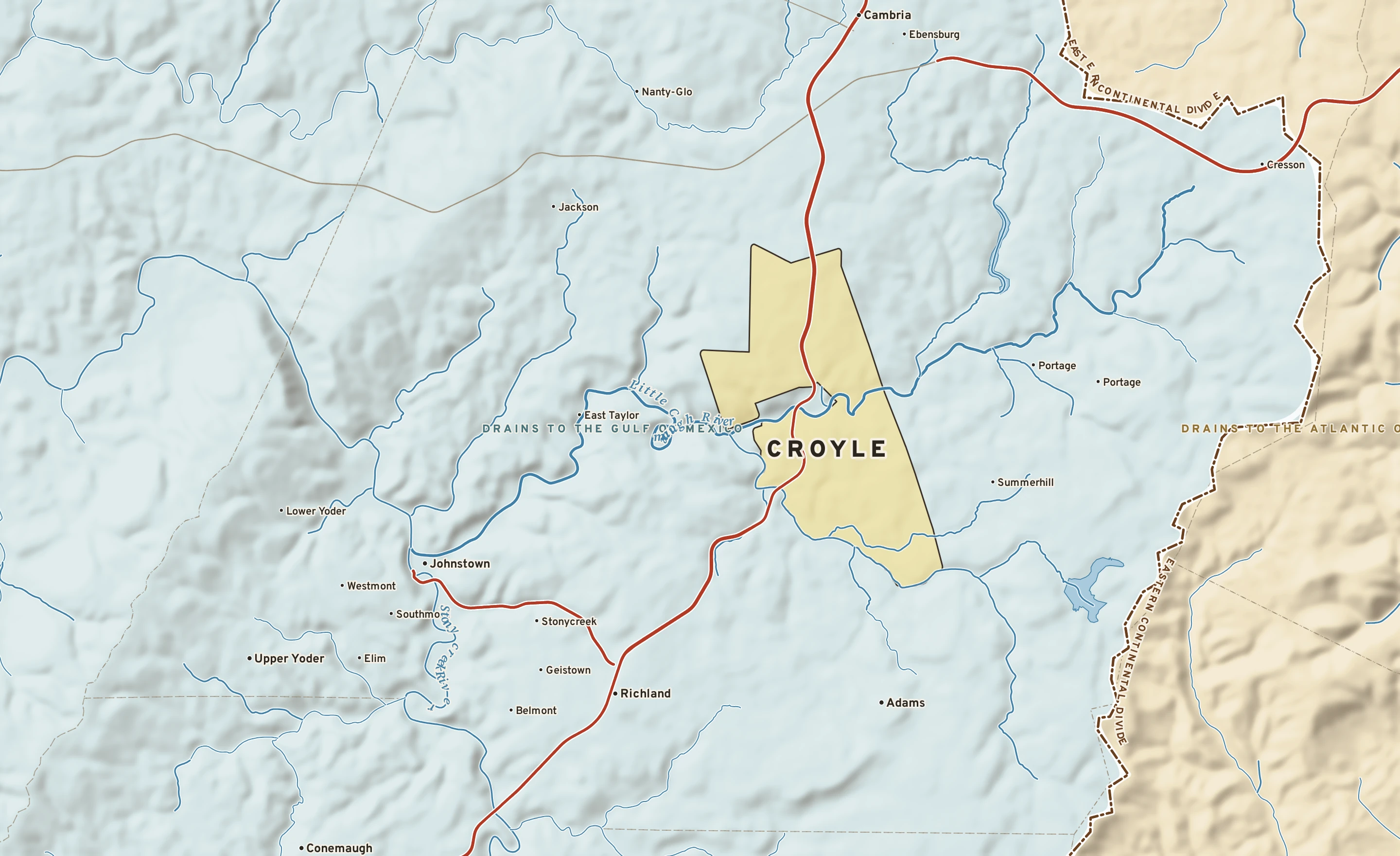 Shaded-relief atlas plate of Croyle, Pennsylvania: rivers, roads, the city limits and where the water drains.
