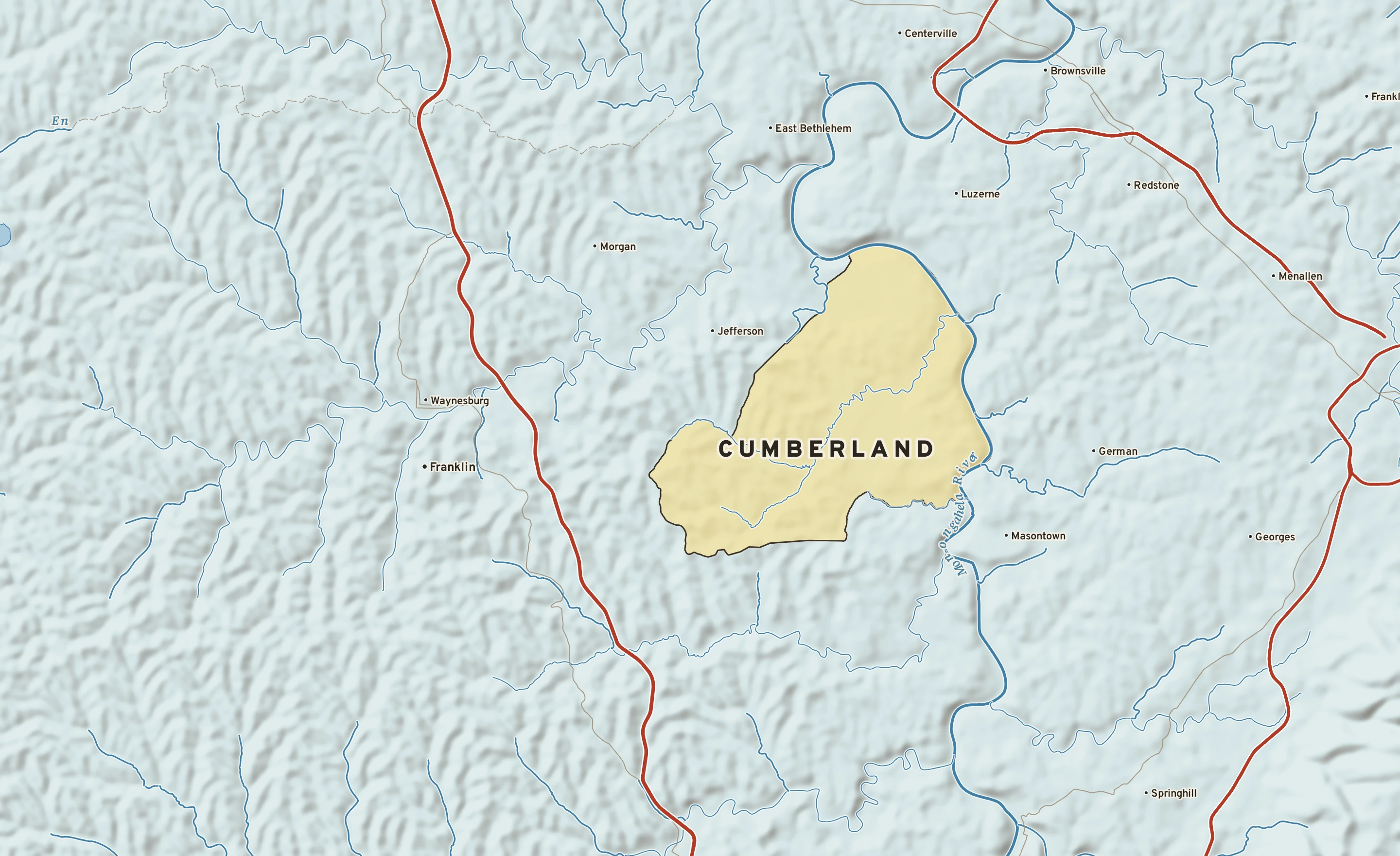 Shaded-relief atlas plate of Cumberland, Pennsylvania: rivers, roads, the city limits and where the water drains.