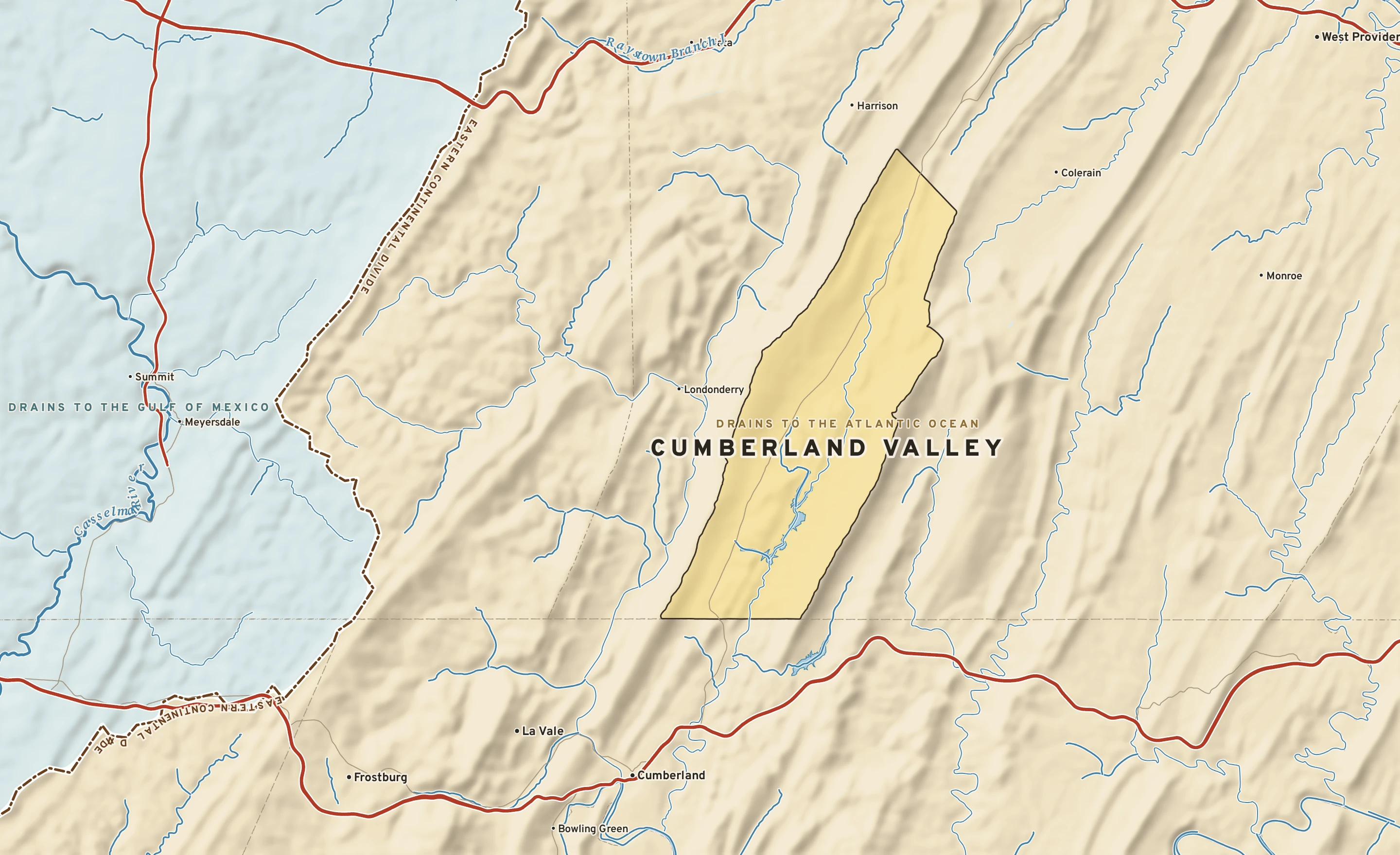 Shaded-relief atlas plate of Cumberland Valley, Pennsylvania: rivers, roads, the city limits and where the water drains.