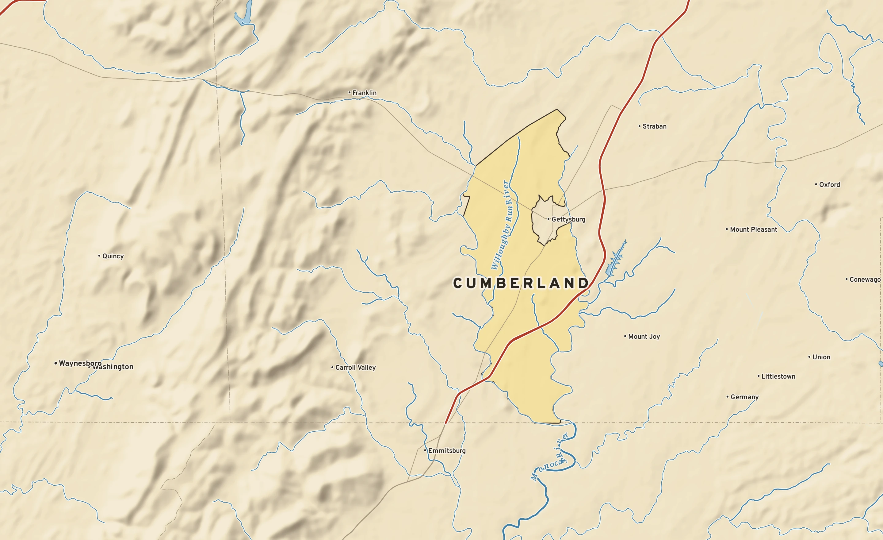 Shaded-relief atlas plate of Cumberland, Pennsylvania: rivers, roads, the city limits and where the water drains.