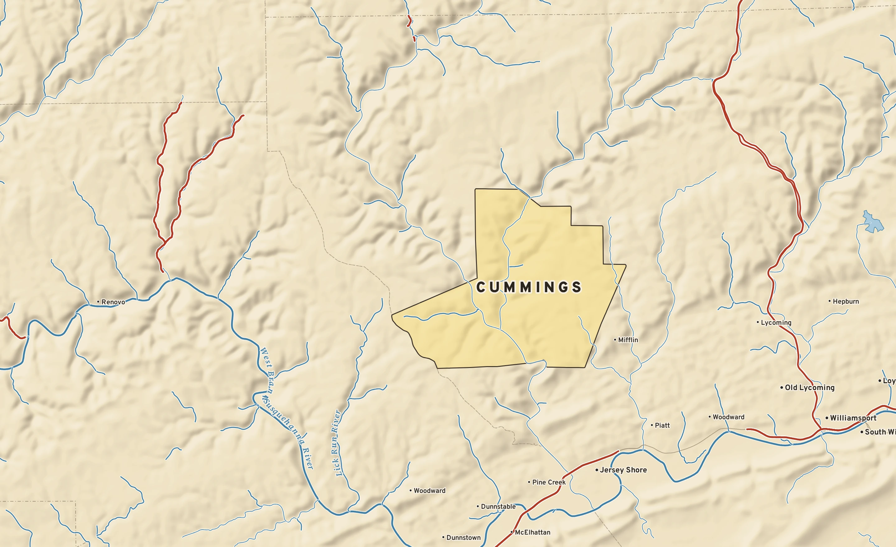 Shaded-relief atlas plate of Cummings, Pennsylvania: rivers, roads, the city limits and where the water drains.