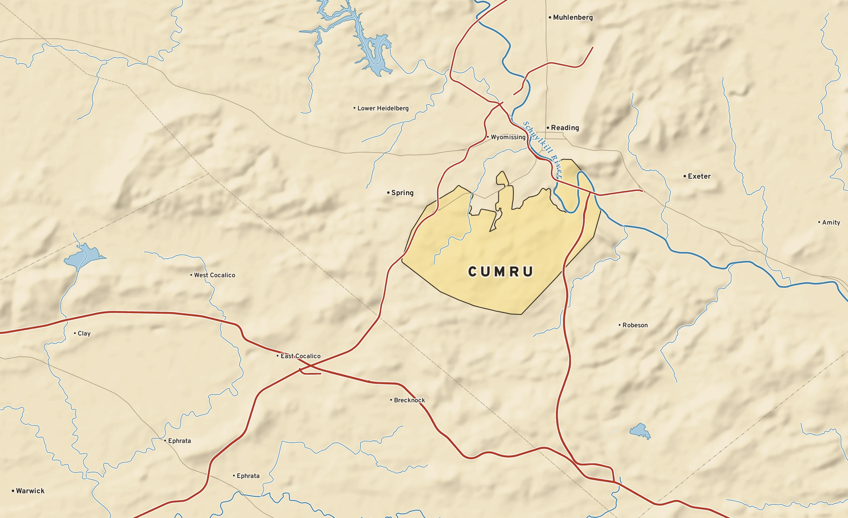 Shaded-relief atlas plate of Cumru, Pennsylvania: rivers, roads, the city limits and where the water drains.