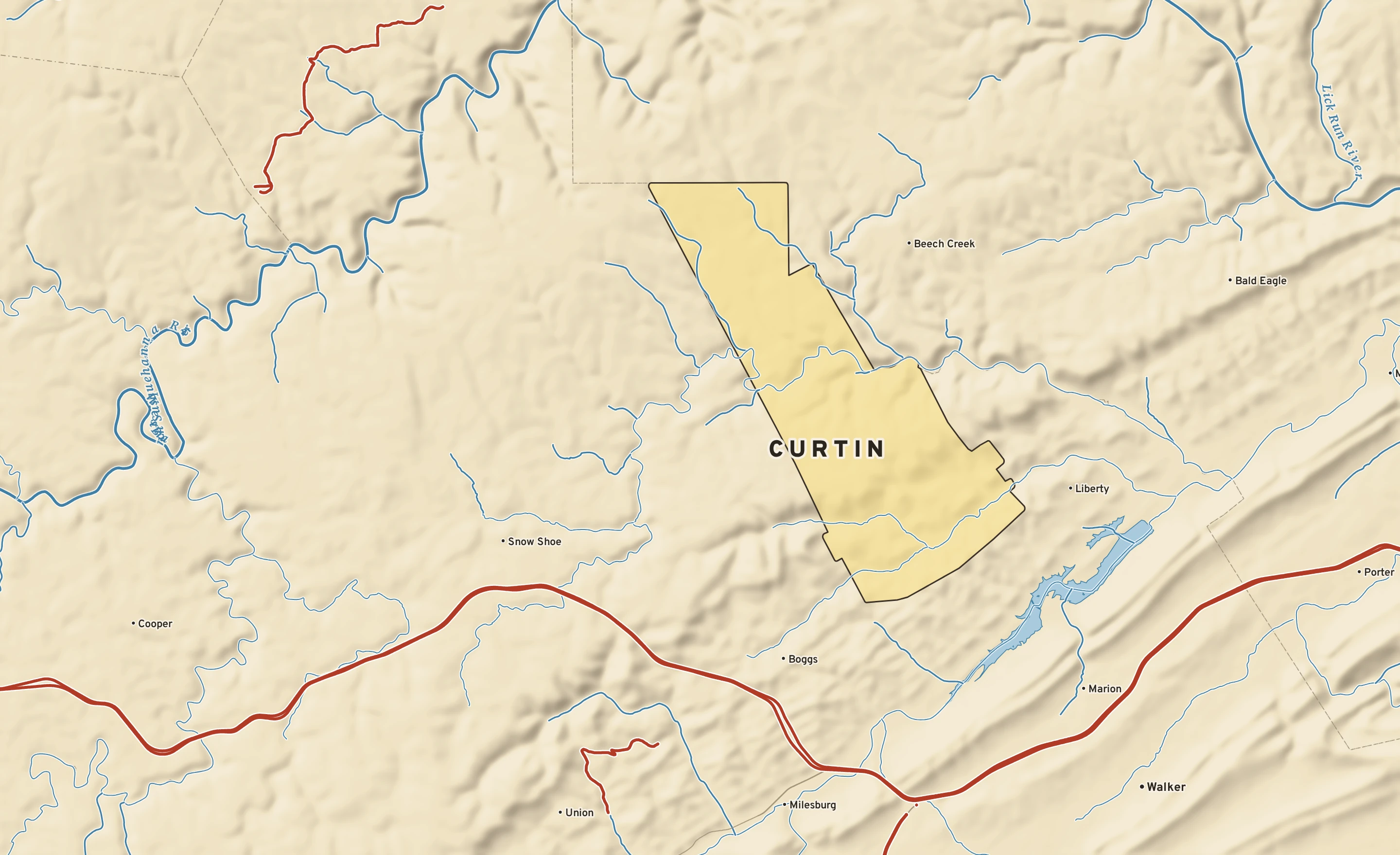 Shaded-relief atlas plate of Curtin, Pennsylvania: rivers, roads, the city limits and where the water drains.