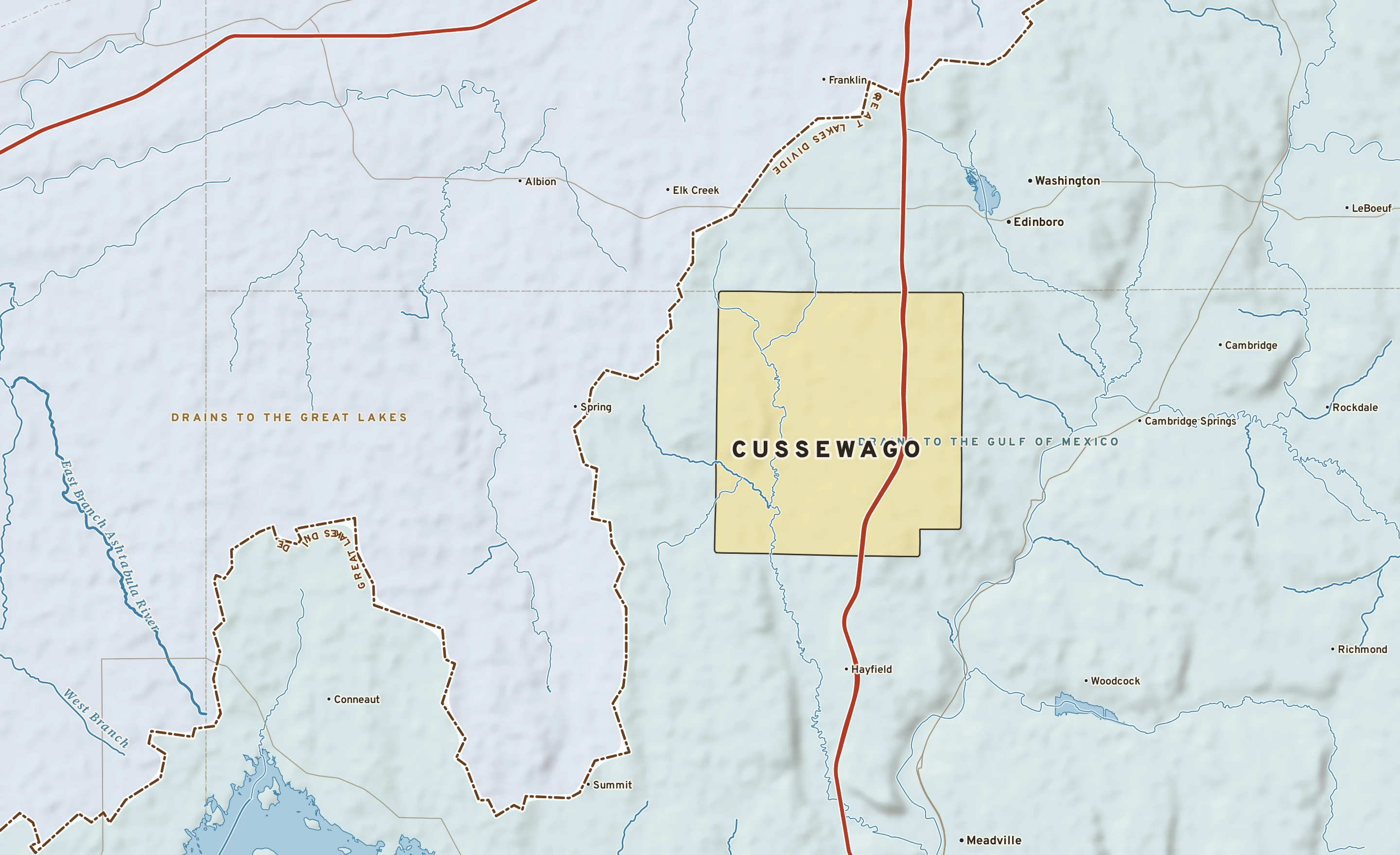 Shaded-relief atlas plate of Cussewago, Pennsylvania: rivers, roads, the city limits and where the water drains.