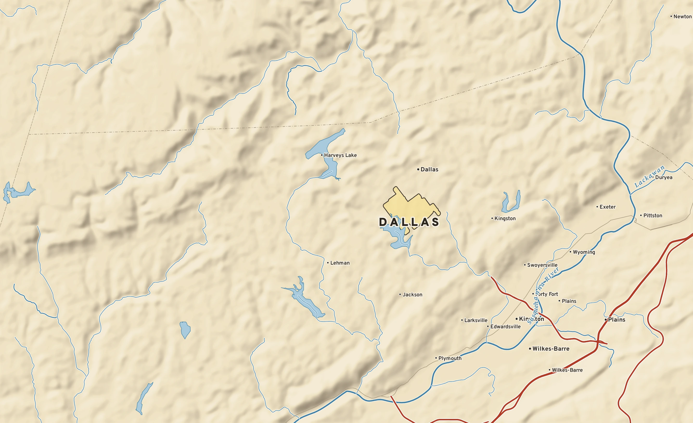 Shaded-relief atlas plate of Dallas, Pennsylvania: rivers, roads, the city limits and where the water drains.