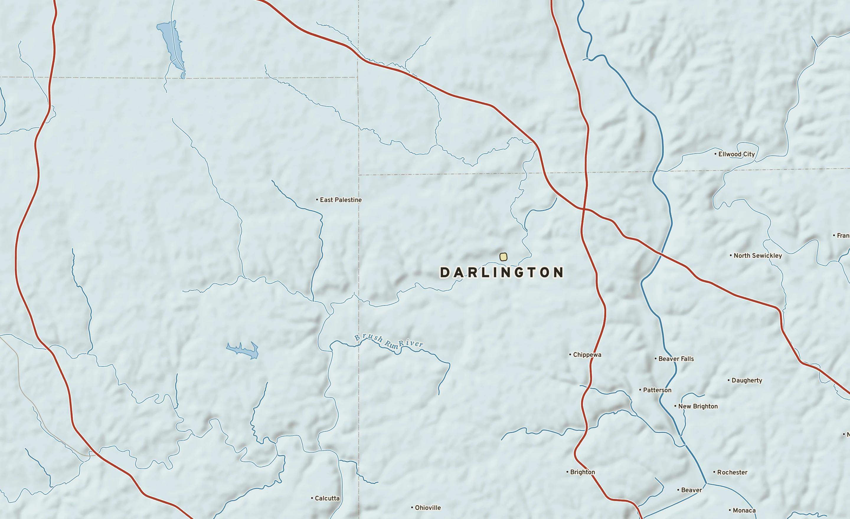 Shaded-relief atlas plate of Darlington, Pennsylvania: rivers, roads, the city limits and where the water drains.