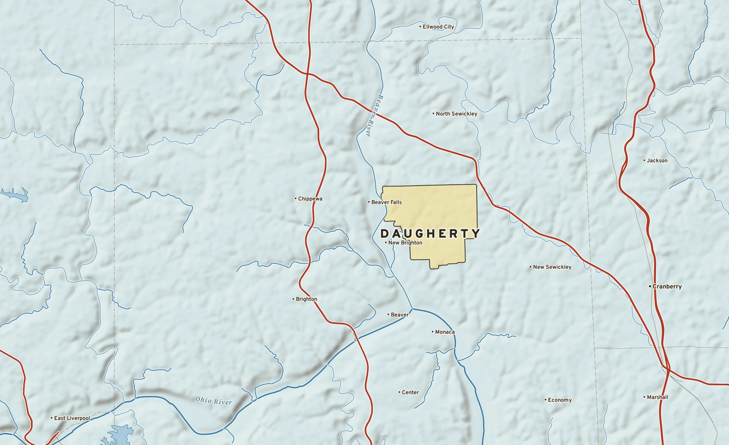 Shaded-relief atlas plate of Daugherty, Pennsylvania: rivers, roads, the city limits and where the water drains.
