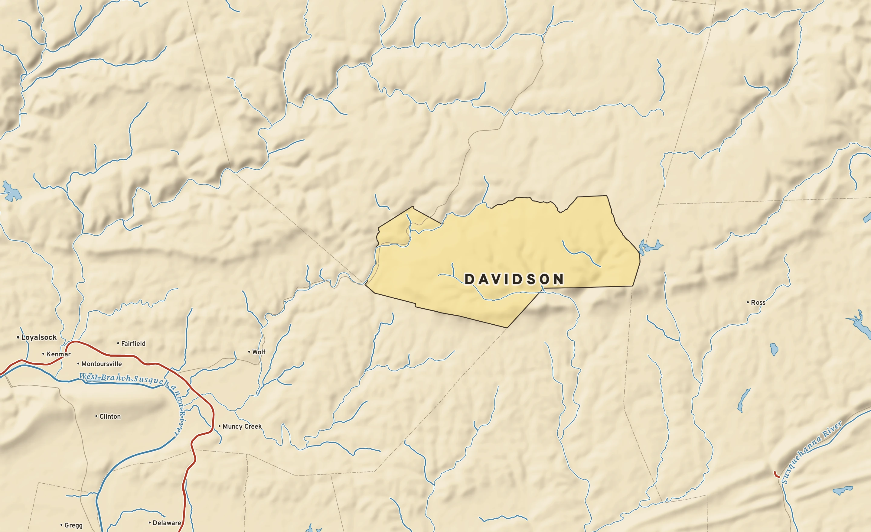 Shaded-relief atlas plate of Davidson, Pennsylvania: rivers, roads, the city limits and where the water drains.