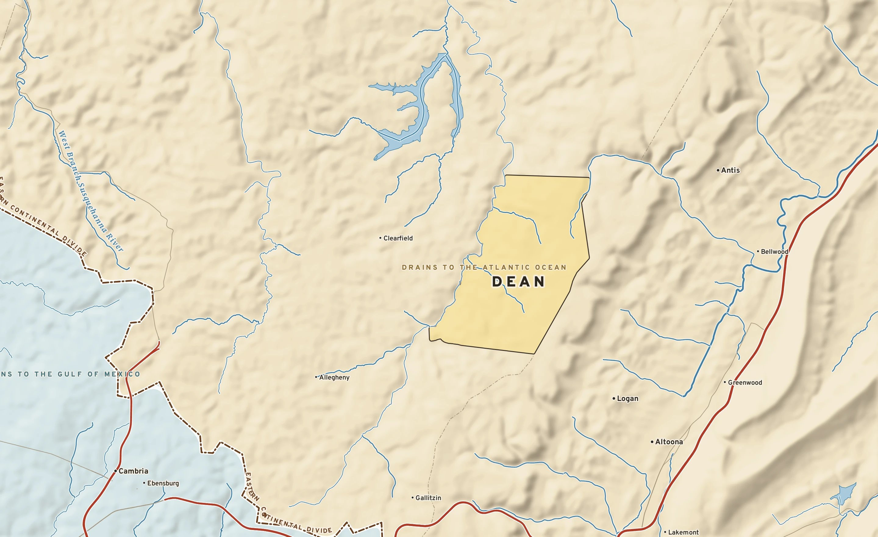 Shaded-relief atlas plate of Dean, Pennsylvania: rivers, roads, the city limits and where the water drains.
