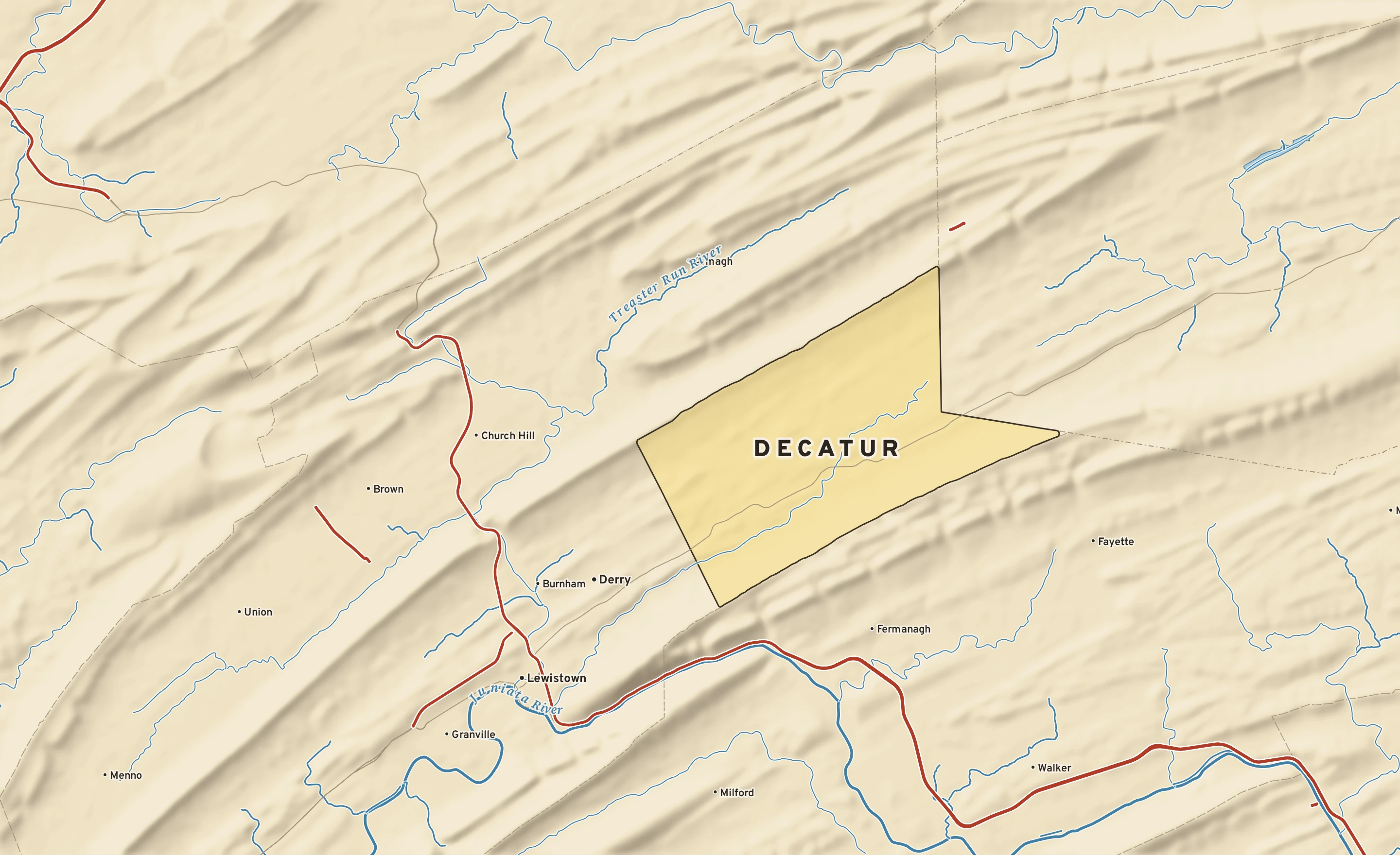 Shaded-relief atlas plate of Decatur, Pennsylvania: rivers, roads, the city limits and where the water drains.