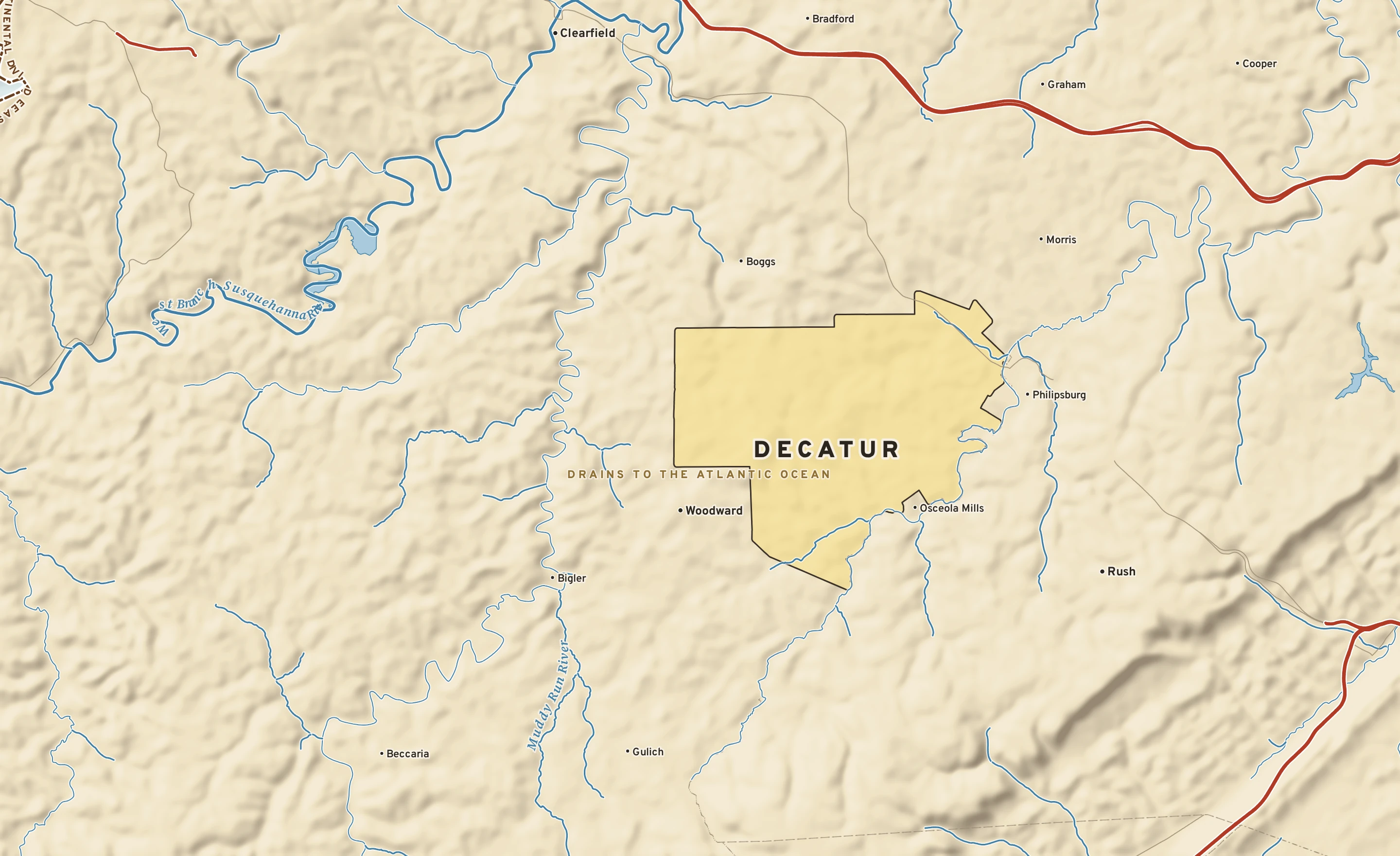 Shaded-relief atlas plate of Decatur, Pennsylvania: rivers, roads, the city limits and where the water drains.