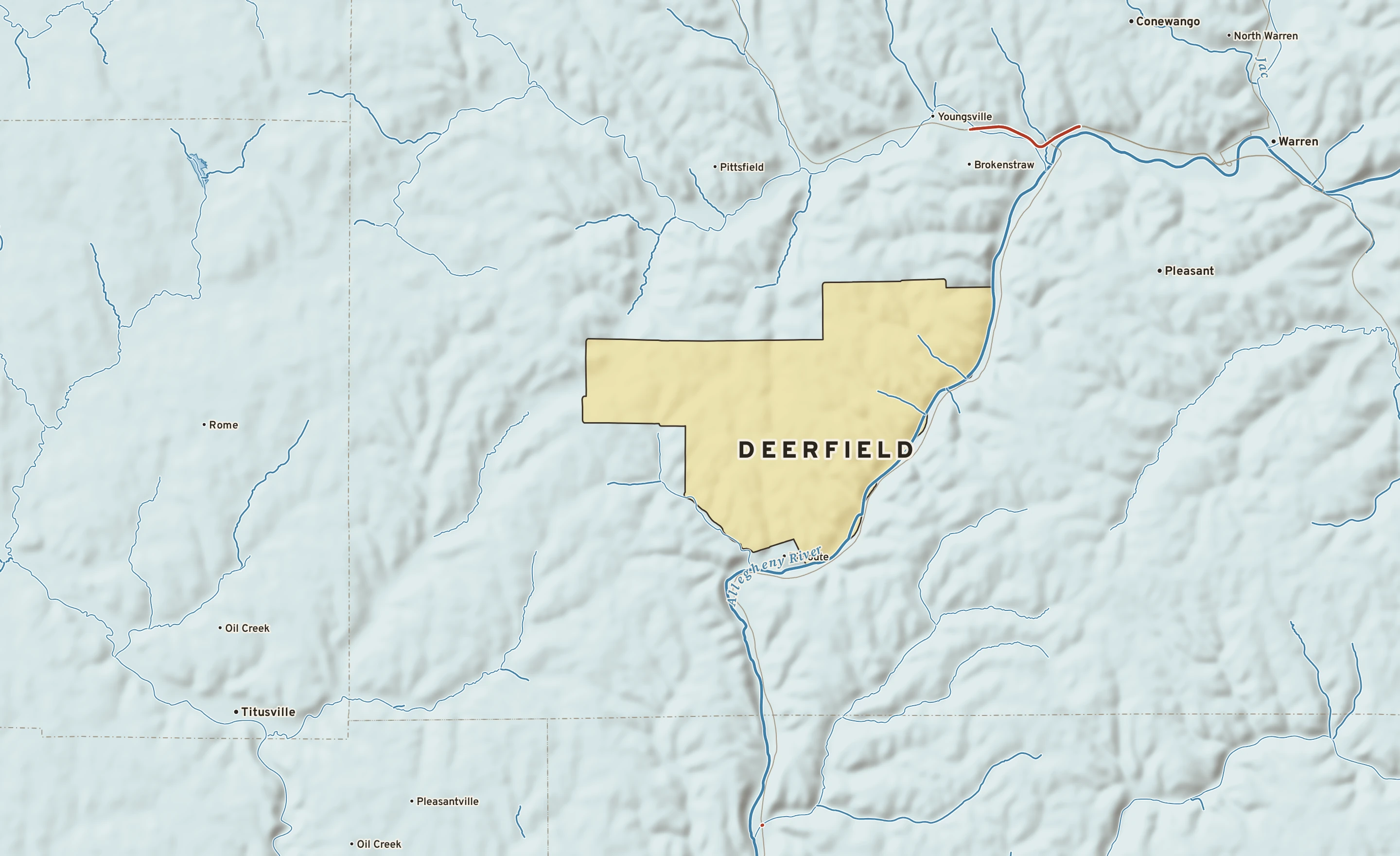 Shaded-relief atlas plate of Deerfield, Pennsylvania: rivers, roads, the city limits and where the water drains.