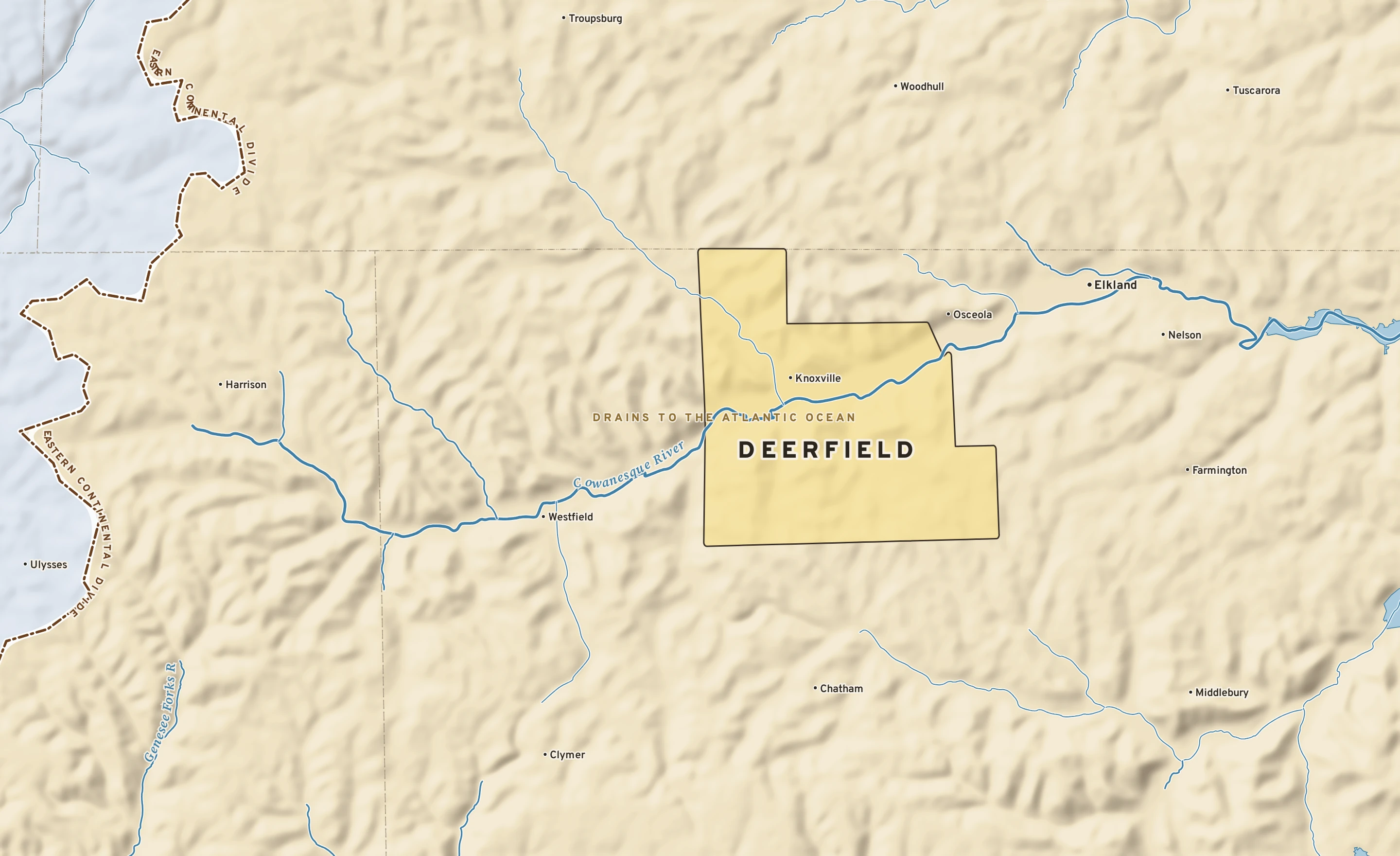 Shaded-relief atlas plate of Deerfield, Pennsylvania: rivers, roads, the city limits and where the water drains.