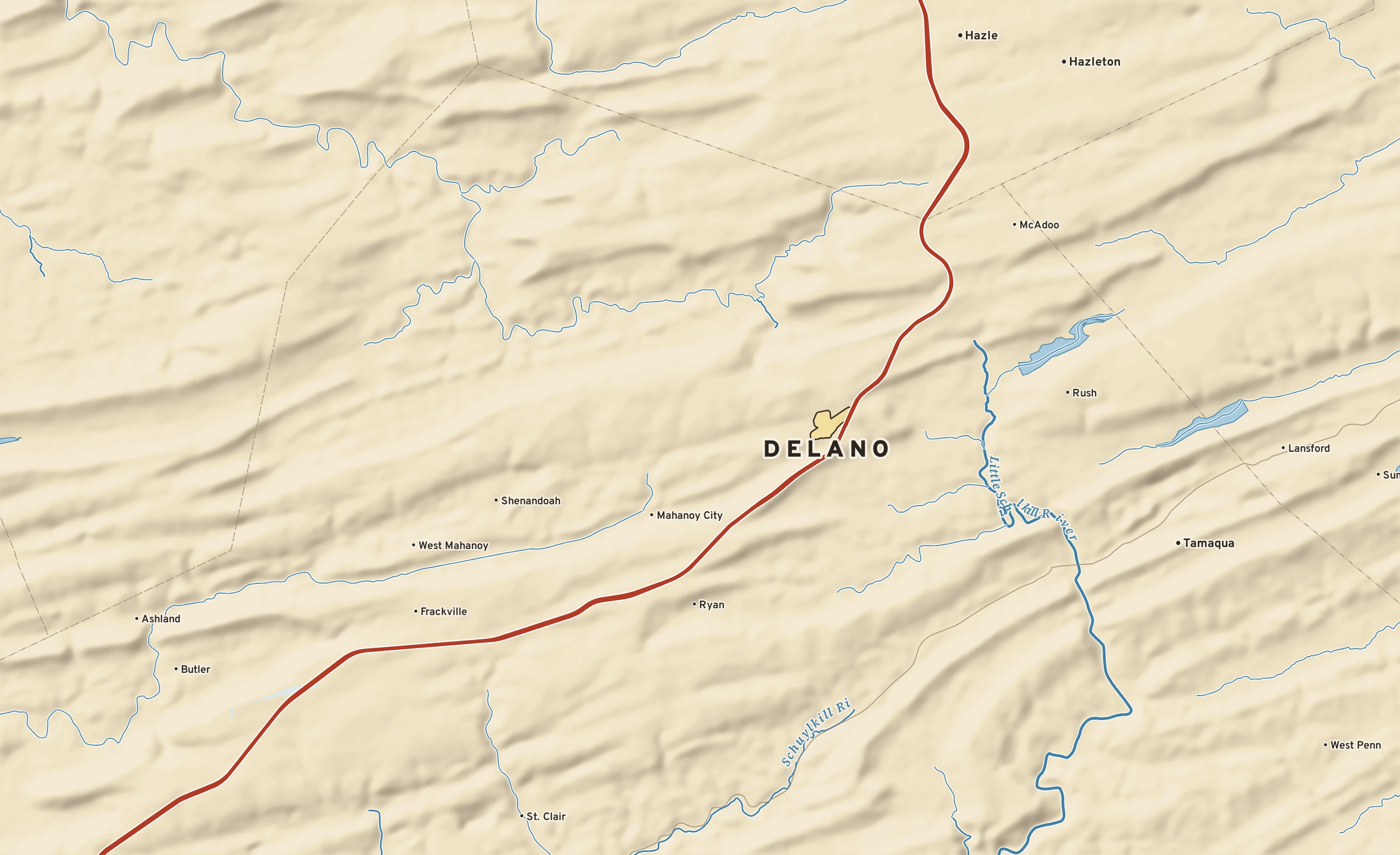 Shaded-relief atlas plate of Delano, Pennsylvania: rivers, roads, the city limits and where the water drains.