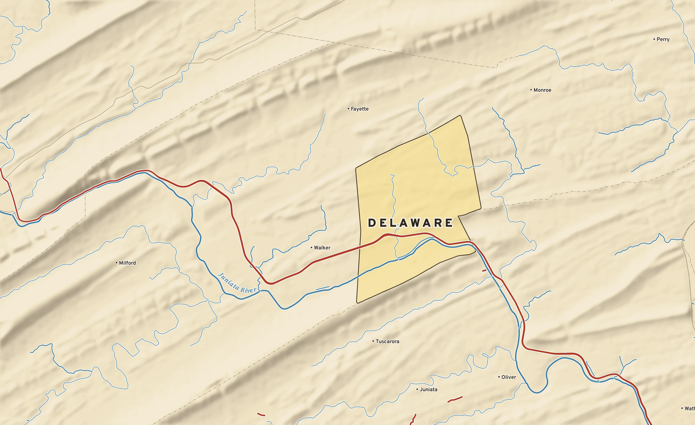 Shaded-relief atlas plate of Delaware, Pennsylvania: rivers, roads, the city limits and where the water drains.