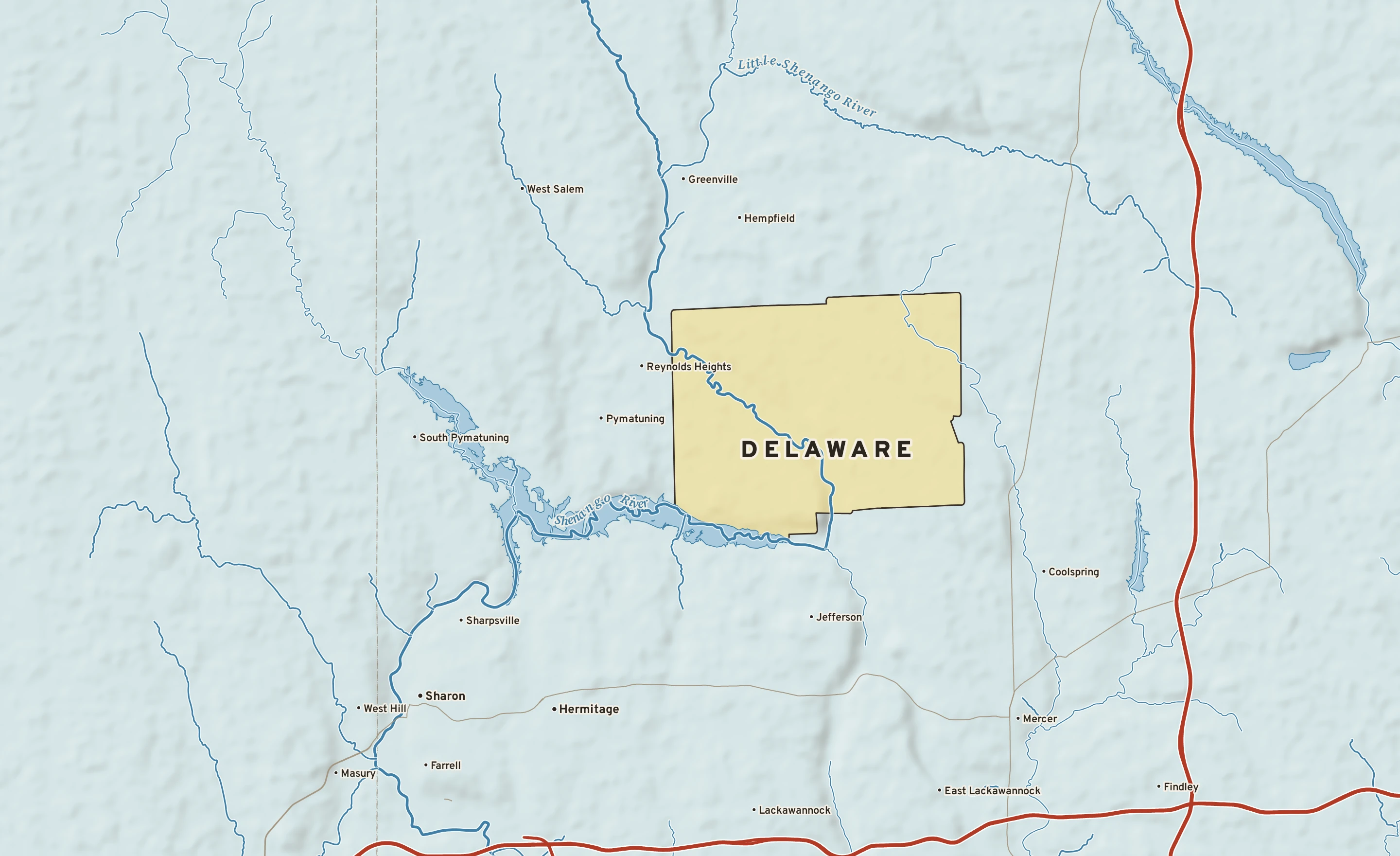 Shaded-relief atlas plate of Delaware, Pennsylvania: rivers, roads, the city limits and where the water drains.