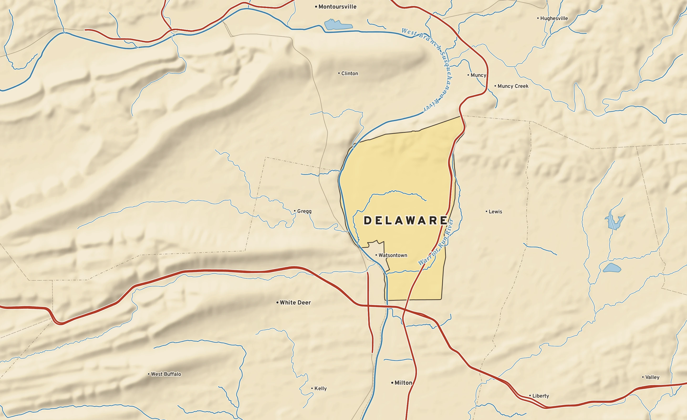 Shaded-relief atlas plate of Delaware, Pennsylvania: rivers, roads, the city limits and where the water drains.