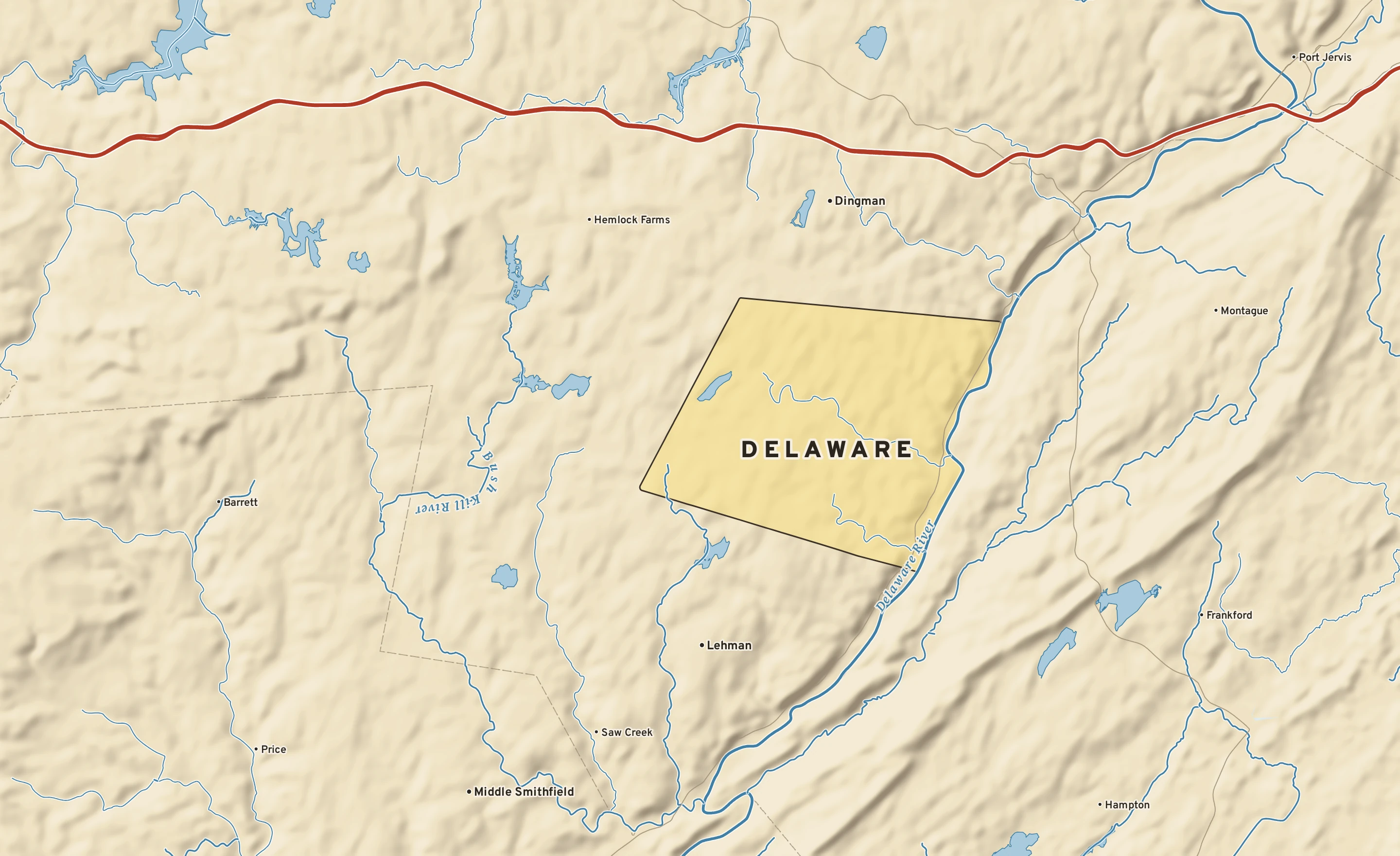 Shaded-relief atlas plate of Delaware, Pennsylvania: rivers, roads, the city limits and where the water drains.