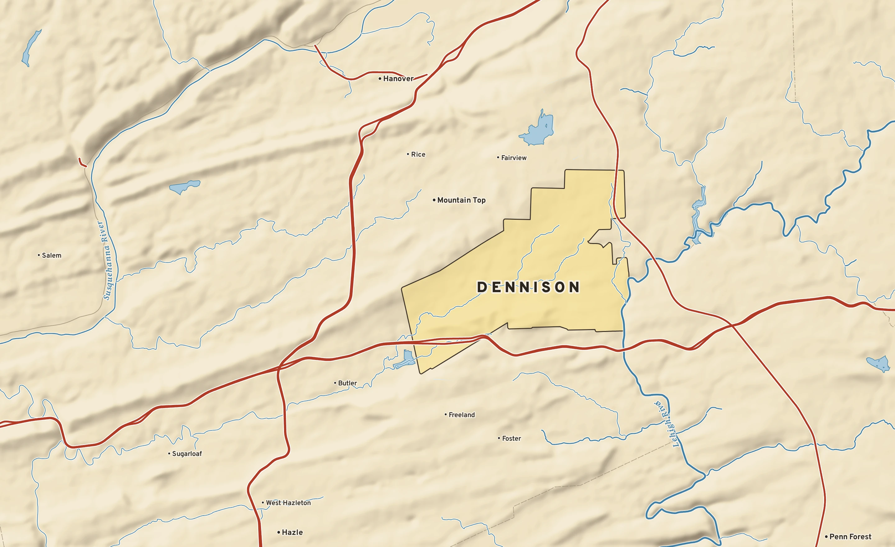 Shaded-relief atlas plate of Dennison, Pennsylvania: rivers, roads, the city limits and where the water drains.