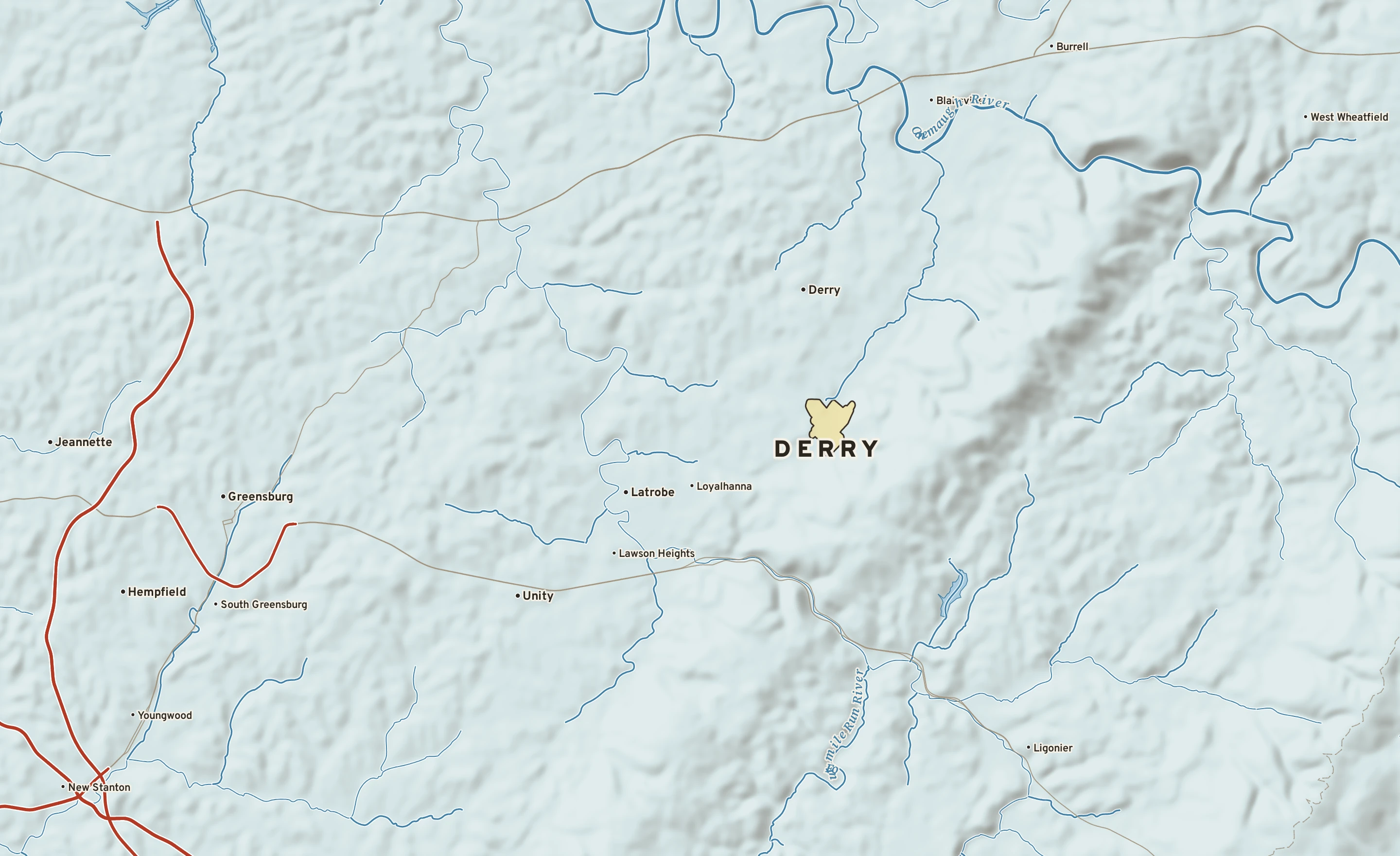 Shaded-relief atlas plate of Derry, Pennsylvania: rivers, roads, the city limits and where the water drains.