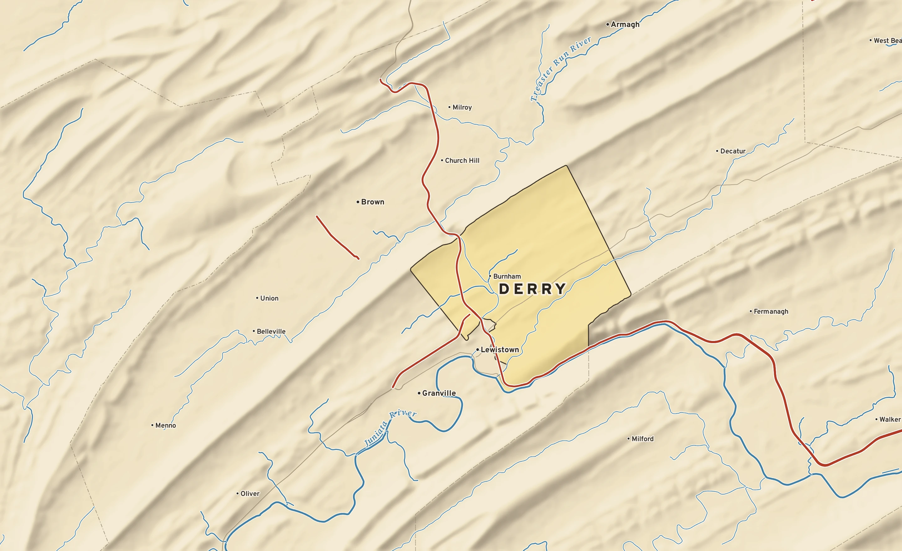 Shaded-relief atlas plate of Derry, Pennsylvania: rivers, roads, the city limits and where the water drains.
