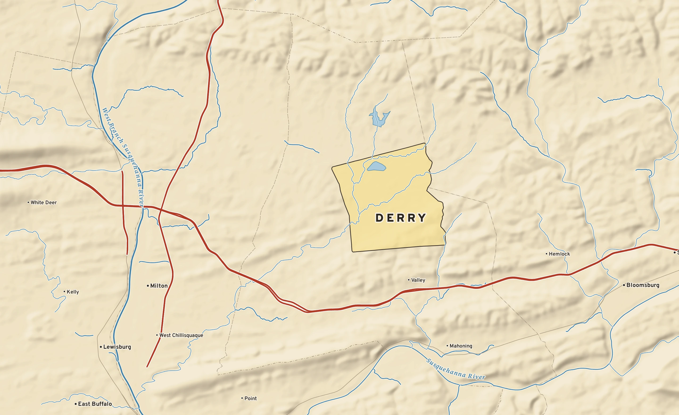 Shaded-relief atlas plate of Derry, Pennsylvania: rivers, roads, the city limits and where the water drains.