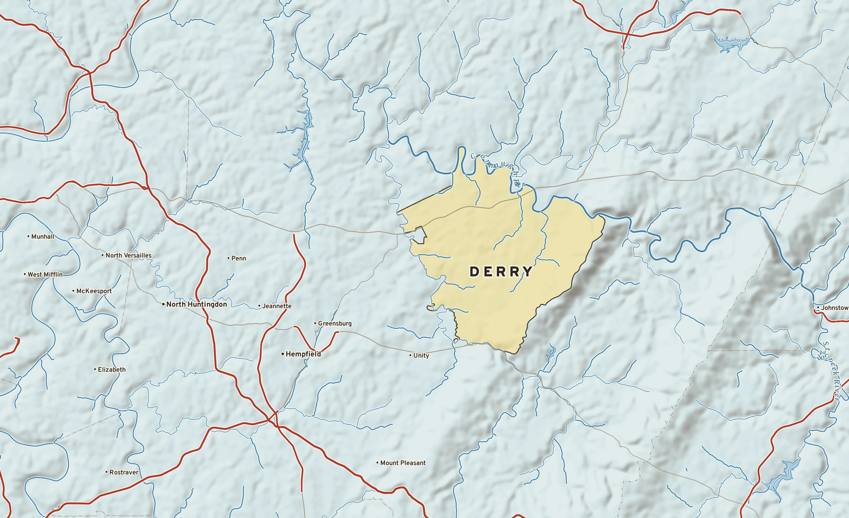Shaded-relief atlas plate of Derry, Pennsylvania: rivers, roads, the city limits and where the water drains.