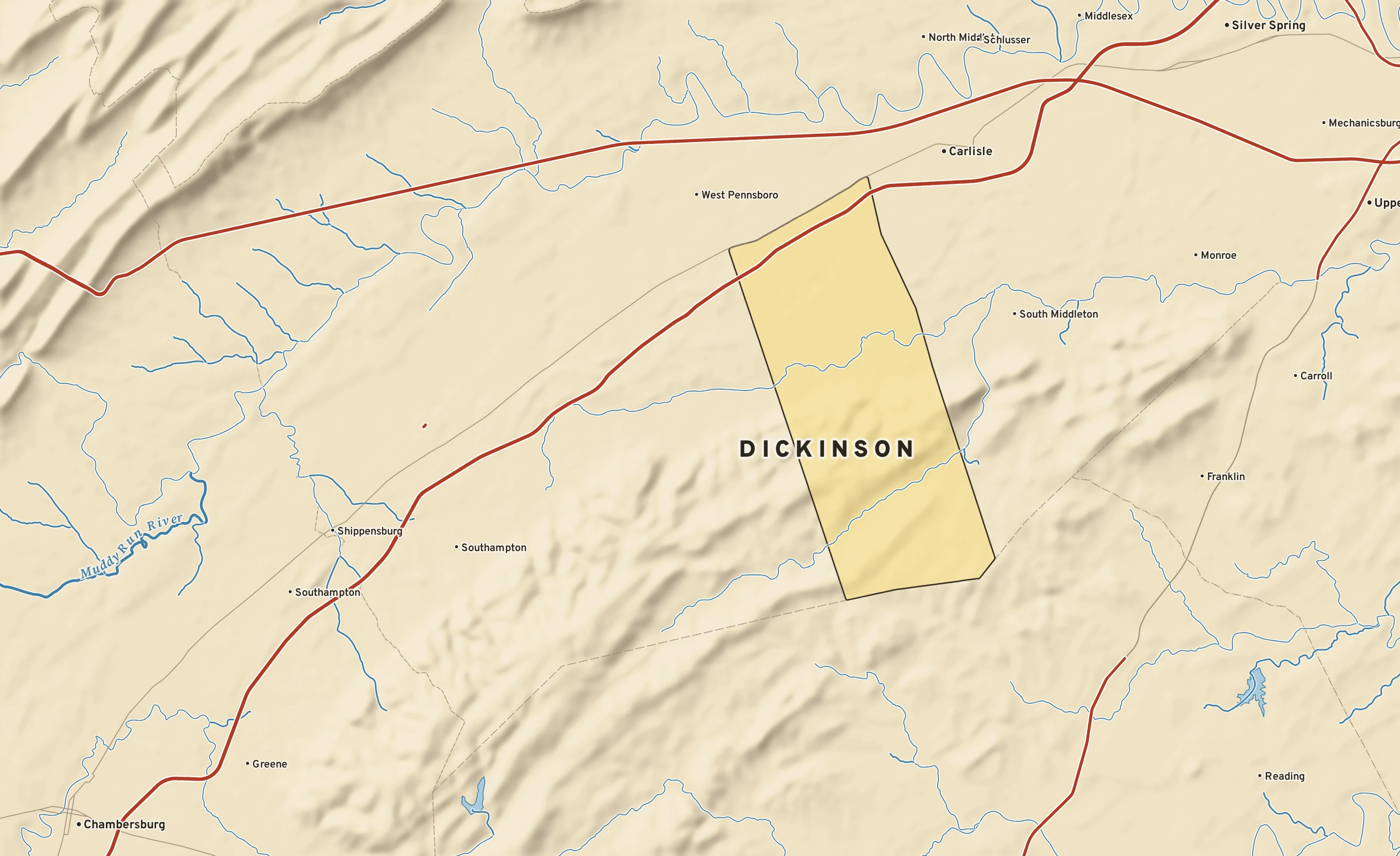 Shaded-relief atlas plate of Dickinson, Pennsylvania: rivers, roads, the city limits and where the water drains.
