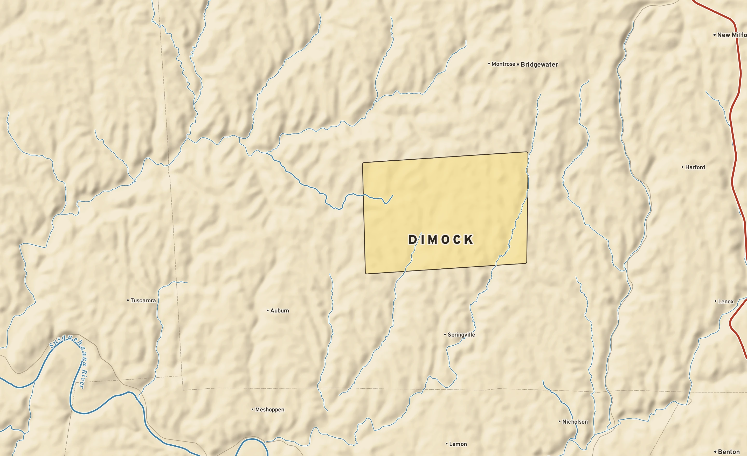 Shaded-relief atlas plate of Dimock, Pennsylvania: rivers, roads, the city limits and where the water drains.