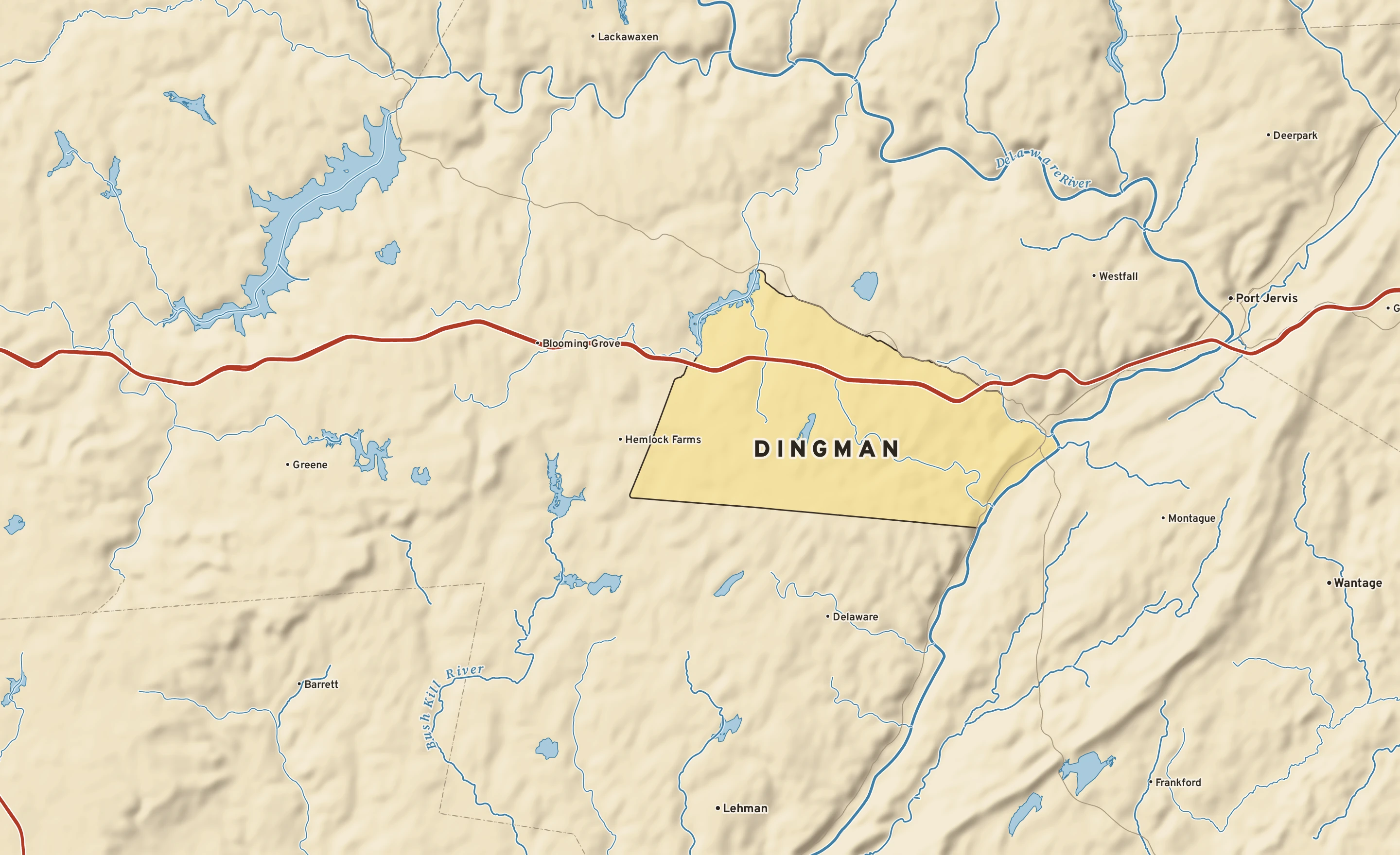 Shaded-relief atlas plate of Dingman, Pennsylvania: rivers, roads, the city limits and where the water drains.