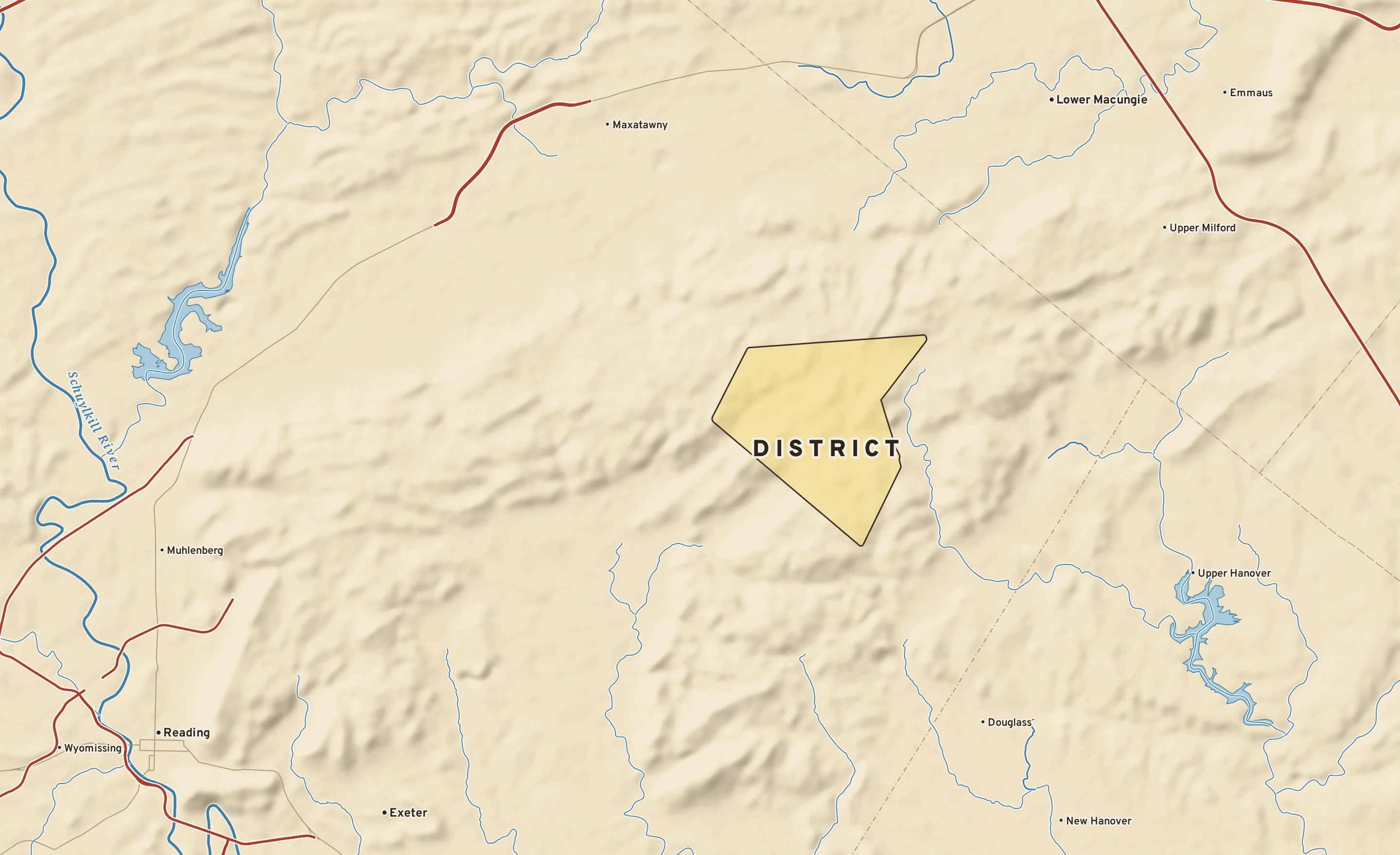 Shaded-relief atlas plate of District, Pennsylvania: rivers, roads, the city limits and where the water drains.