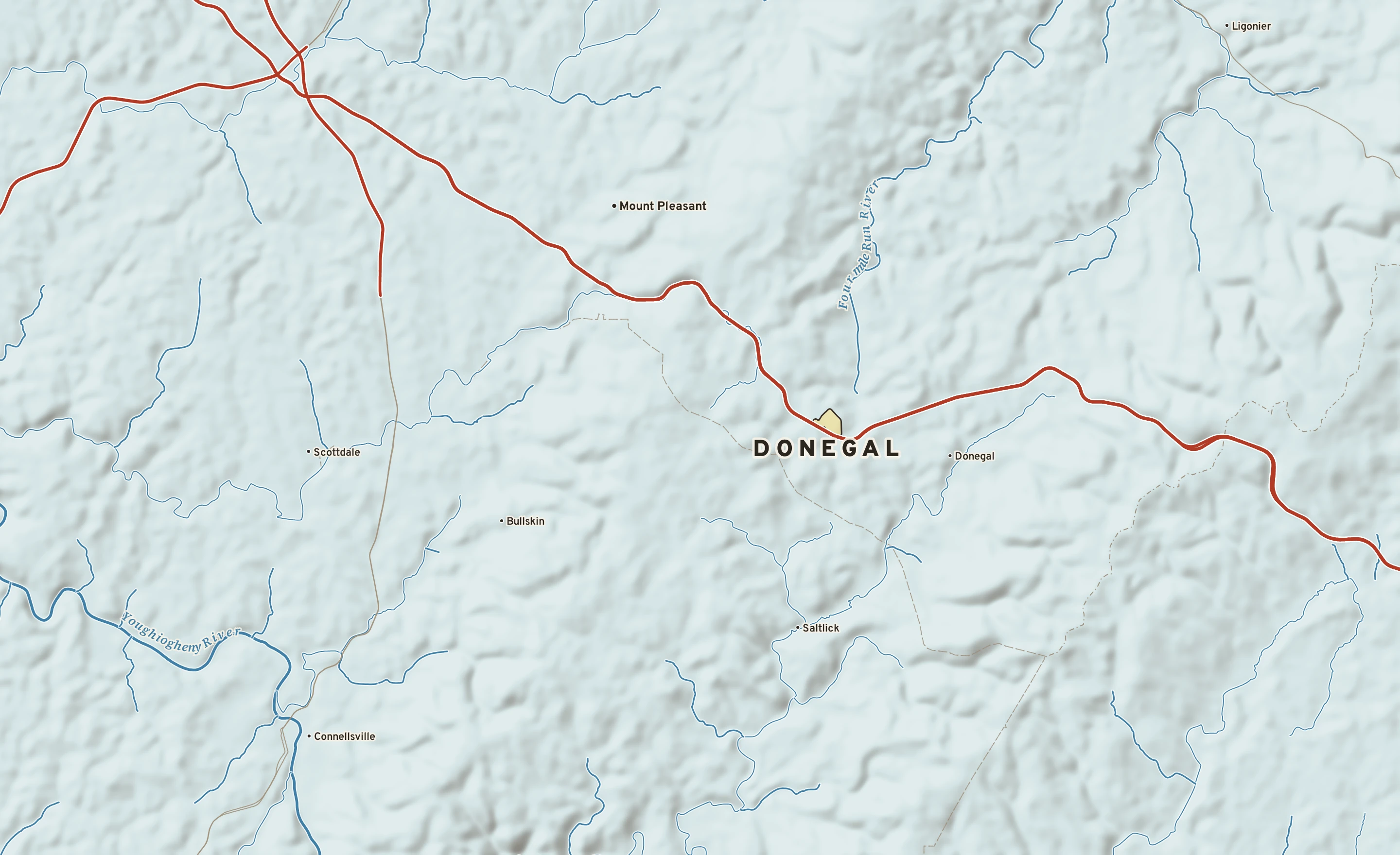 Shaded-relief atlas plate of Donegal, Pennsylvania: rivers, roads, the city limits and where the water drains.
