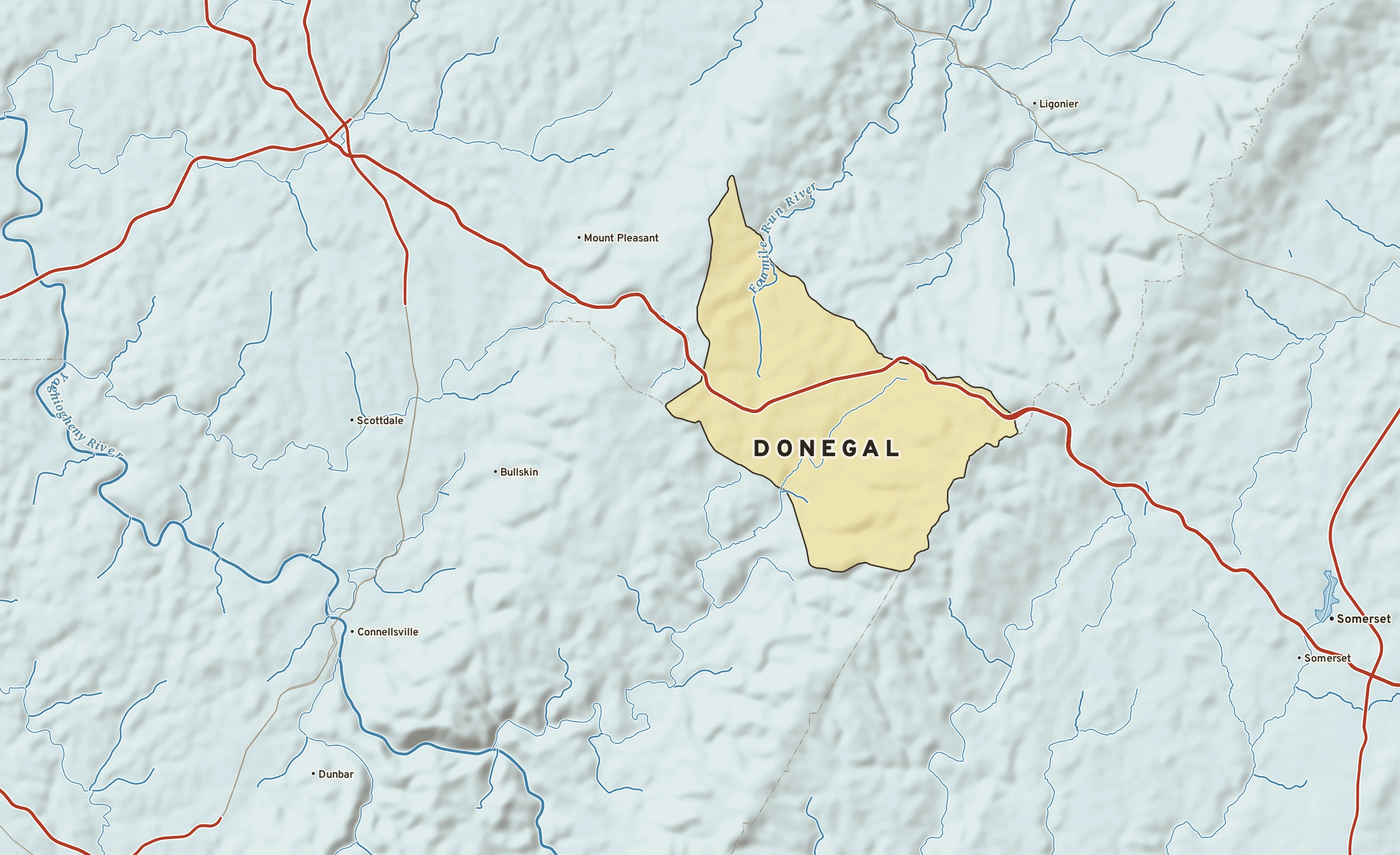 Shaded-relief atlas plate of Donegal, Pennsylvania: rivers, roads, the city limits and where the water drains.