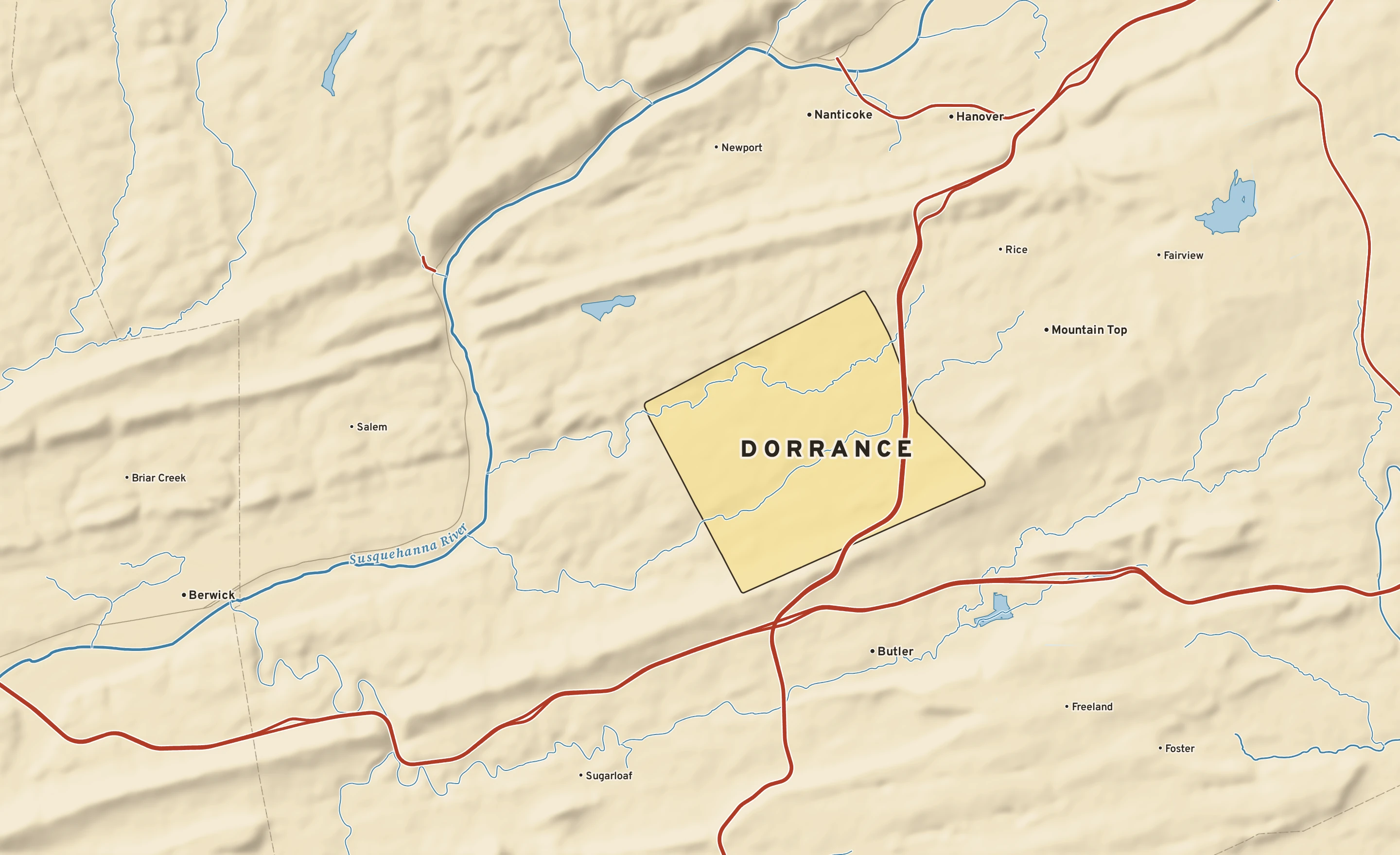 Shaded-relief atlas plate of Dorrance, Pennsylvania: rivers, roads, the city limits and where the water drains.