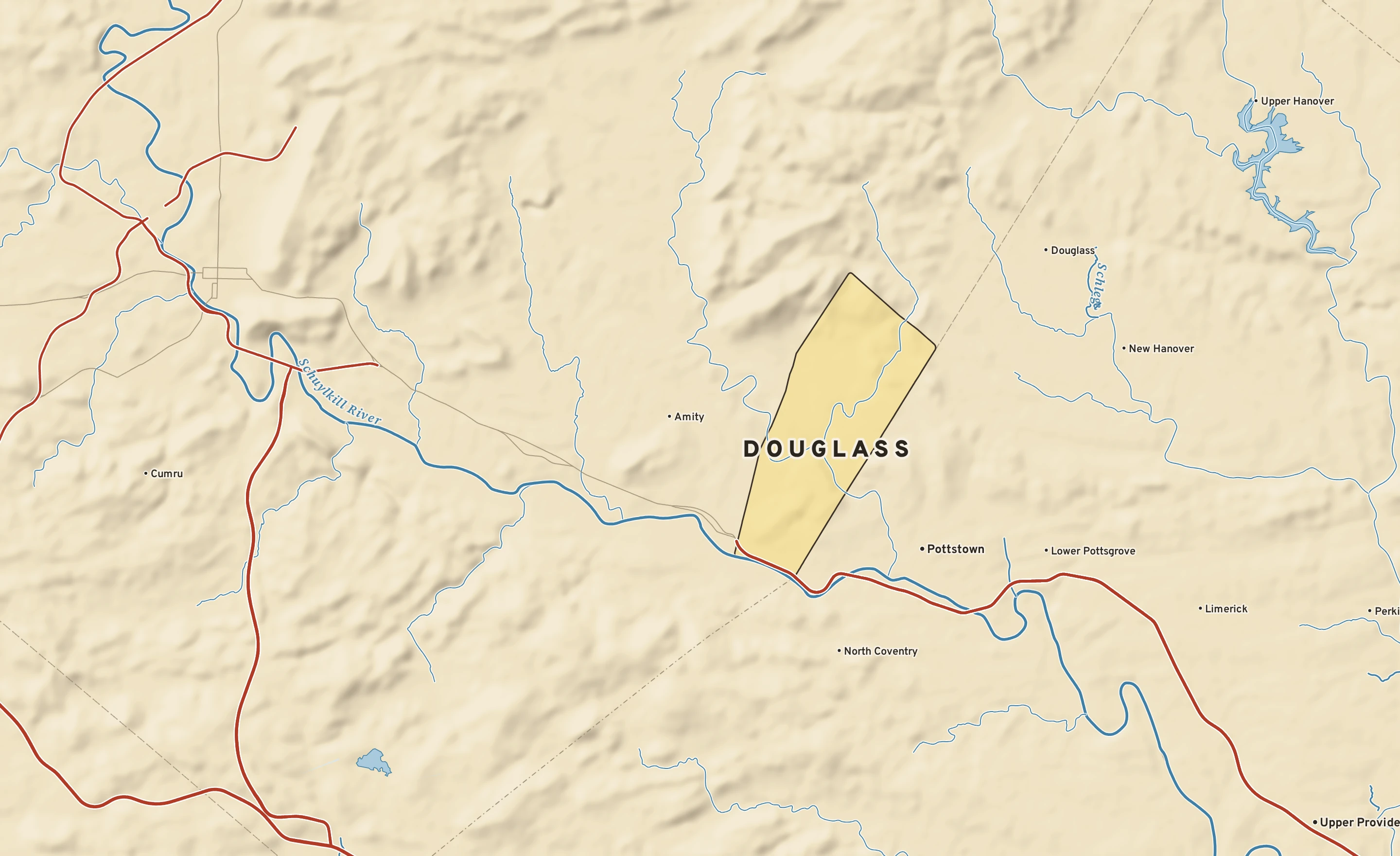 Shaded-relief atlas plate of Douglass, Pennsylvania: rivers, roads, the city limits and where the water drains.
